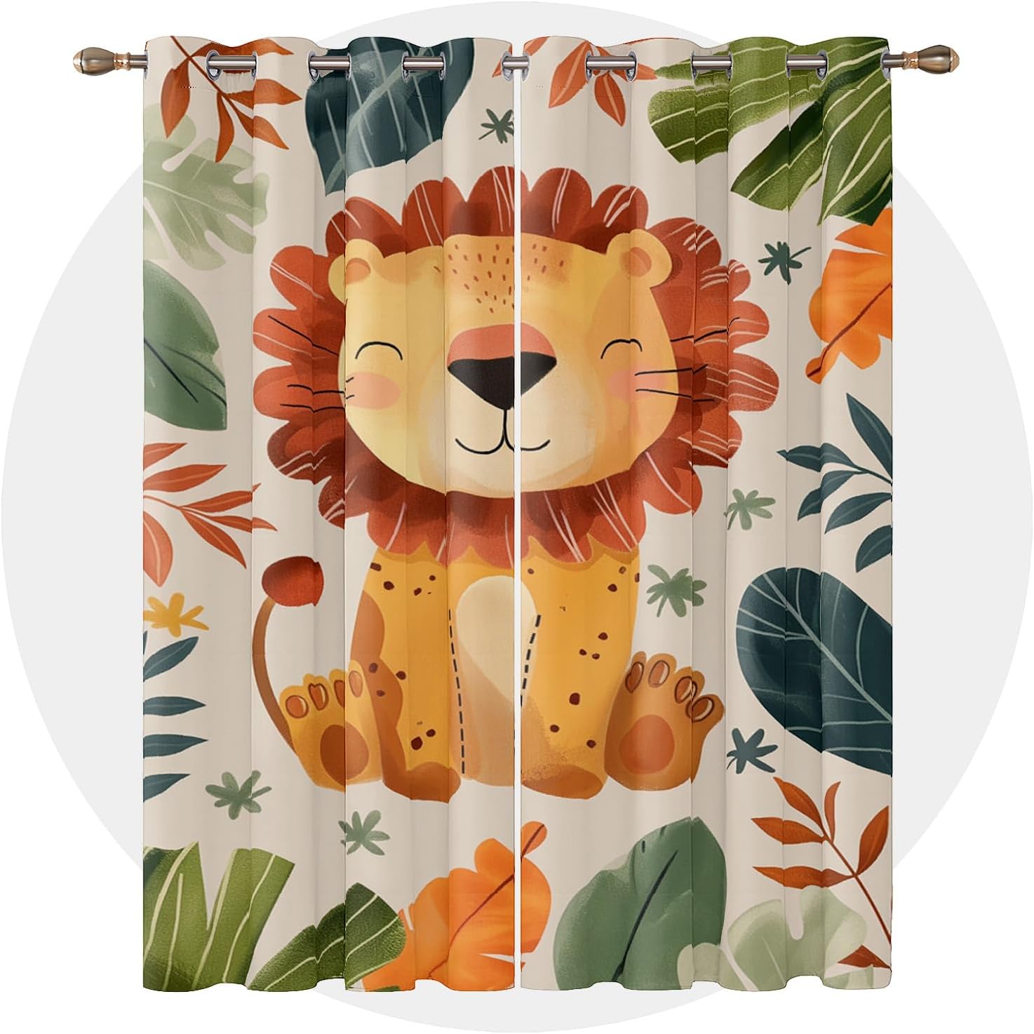 Lion Curtains 63 Inch Length - Safari Cute Cartoon Animal Kids Nursery Patterned Blackout Curtains for Living Room Bedroom, Room Darkening Grommet Drapes Window Treatments, 2 Panel Set