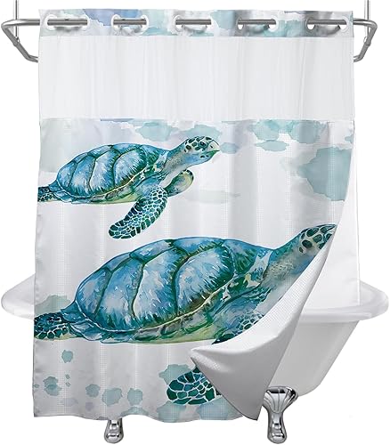 Vista 75 de Cortina de ducha de tortugas marinas, temática náutica de playa, verde y verde azulado, sin ganchos, punto gofre y forro desmontable, decoración