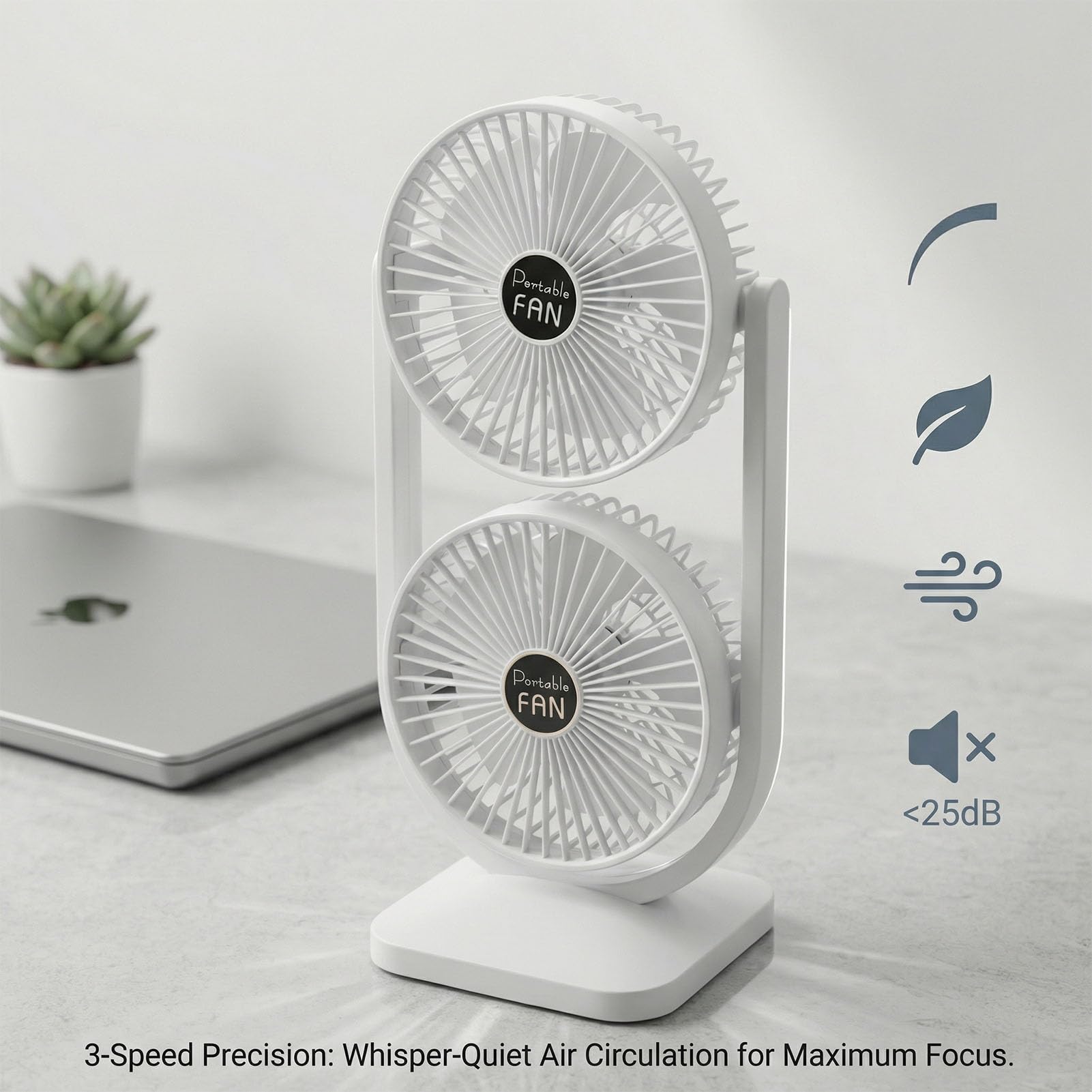 Ventilatore da Tavolo Doppia Testa, Ricaricabile USB 3 Velocità Elettrico