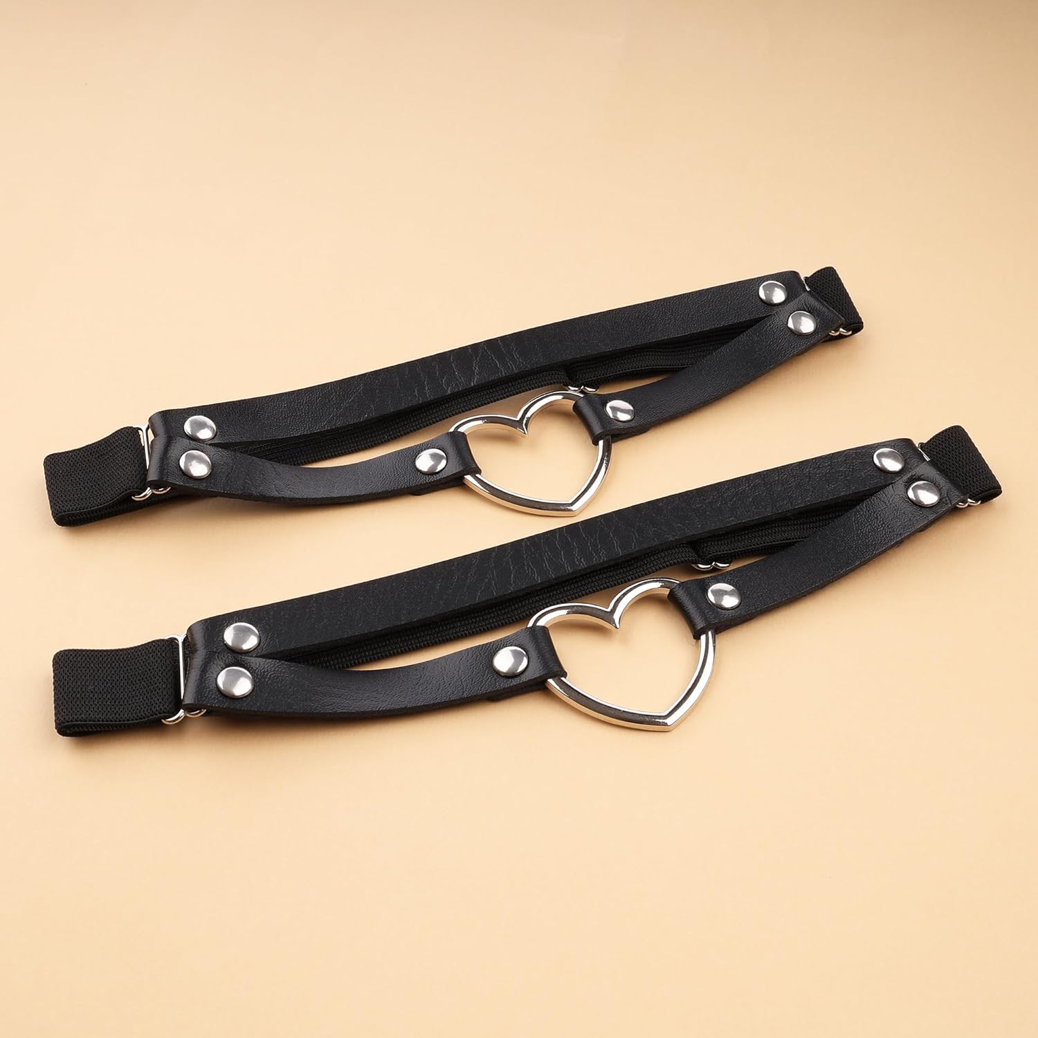 FM FM42 Multicolor PU Simulated Leather Women's Gothic Double Straps Heart O Ring Leg Thigh Elastic Garter Belt, One Pair - Image 6