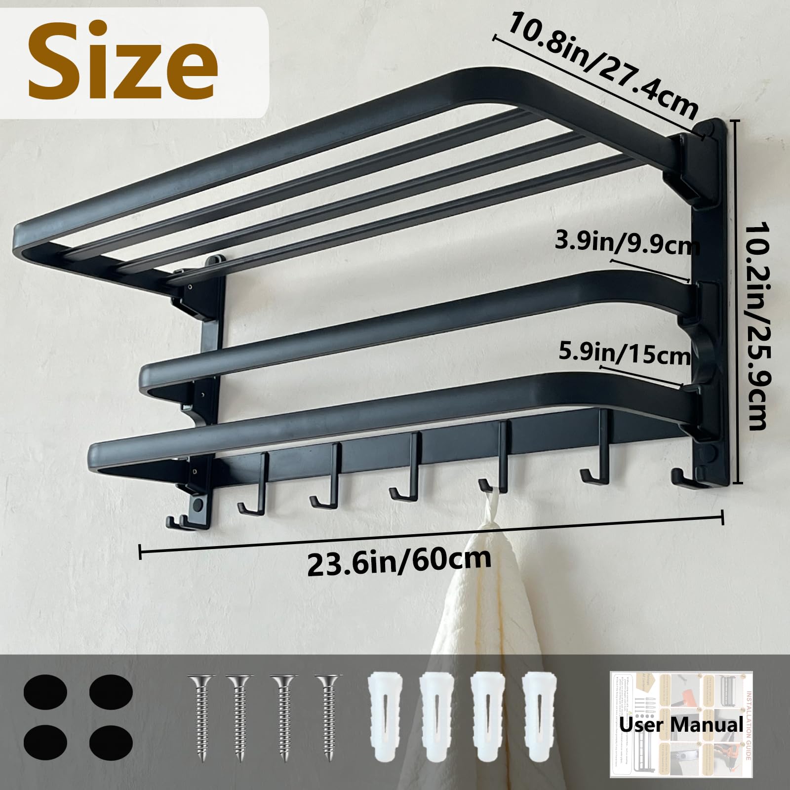 24in Towel Racks Shelf for Bathroom, Foldable Wall Mounted Towel Storage with 2 Towel Bar 9 Hook, Modern Rustproof Towel Holder with Shelves, Towel Hanger for Hotel Dorm Restroom RV Gym Toilet, Black