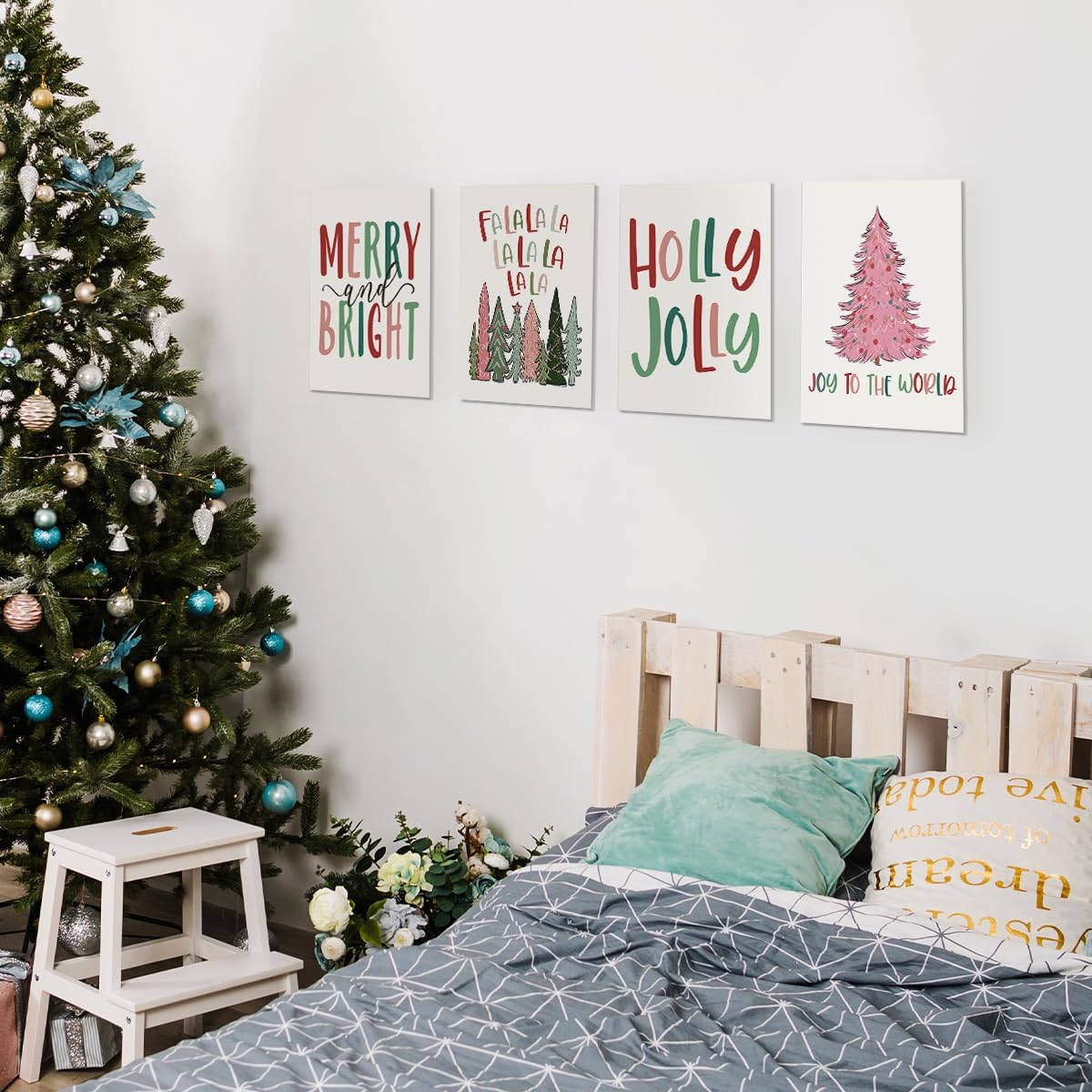 Wheatwin Pastel Christmas Decor, Funny Christmas Tree Wall Art Prints Set of 4, Trendy Decor Christmas Gifts for Bathroom Farmhouse Living Room Bedroom, 8x10 (Unframed) image 4