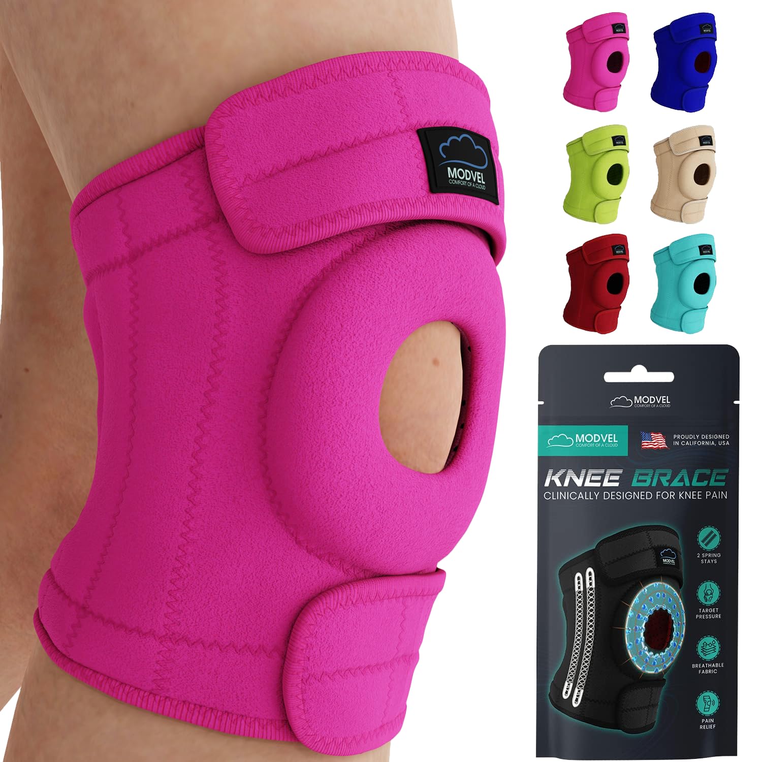 MODVEL Knee Brace with Side Stabilizers | FSA or HSA eligible | Patella Gel Pads Knee Support Braces for Knee Pain, Meniscus Tear,ACL,MCL,Arthritis, Joint Pain Relief,Injury Recovery. (S/M Pink)