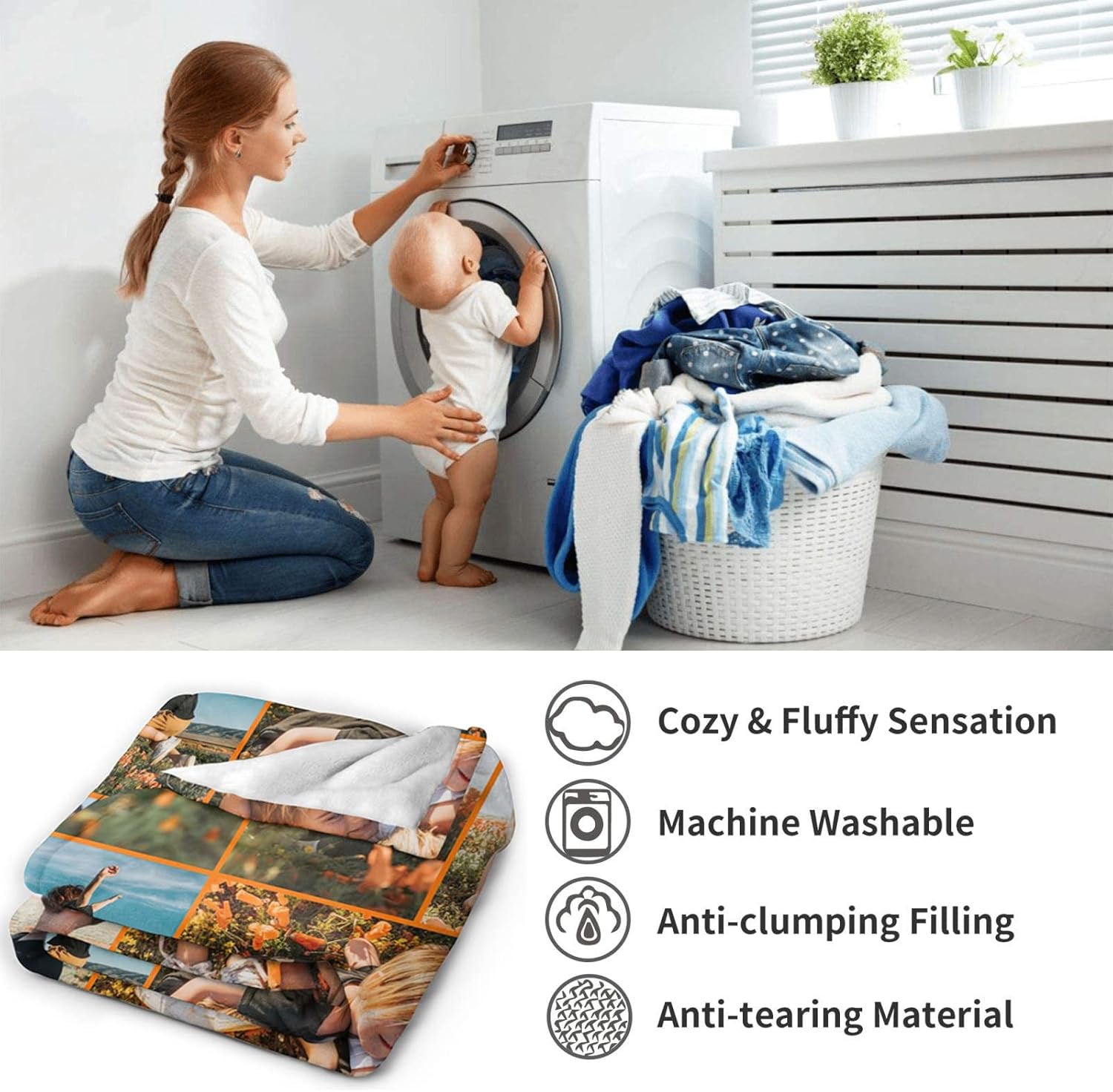 Custom Blanket with Photo Text Personalized Gift, 1-10 Pictures Customized for Mother Father Family, Christmas Halloween Thanksgiving Birthday Wedding Valentine's Day Gift, 80''x60''