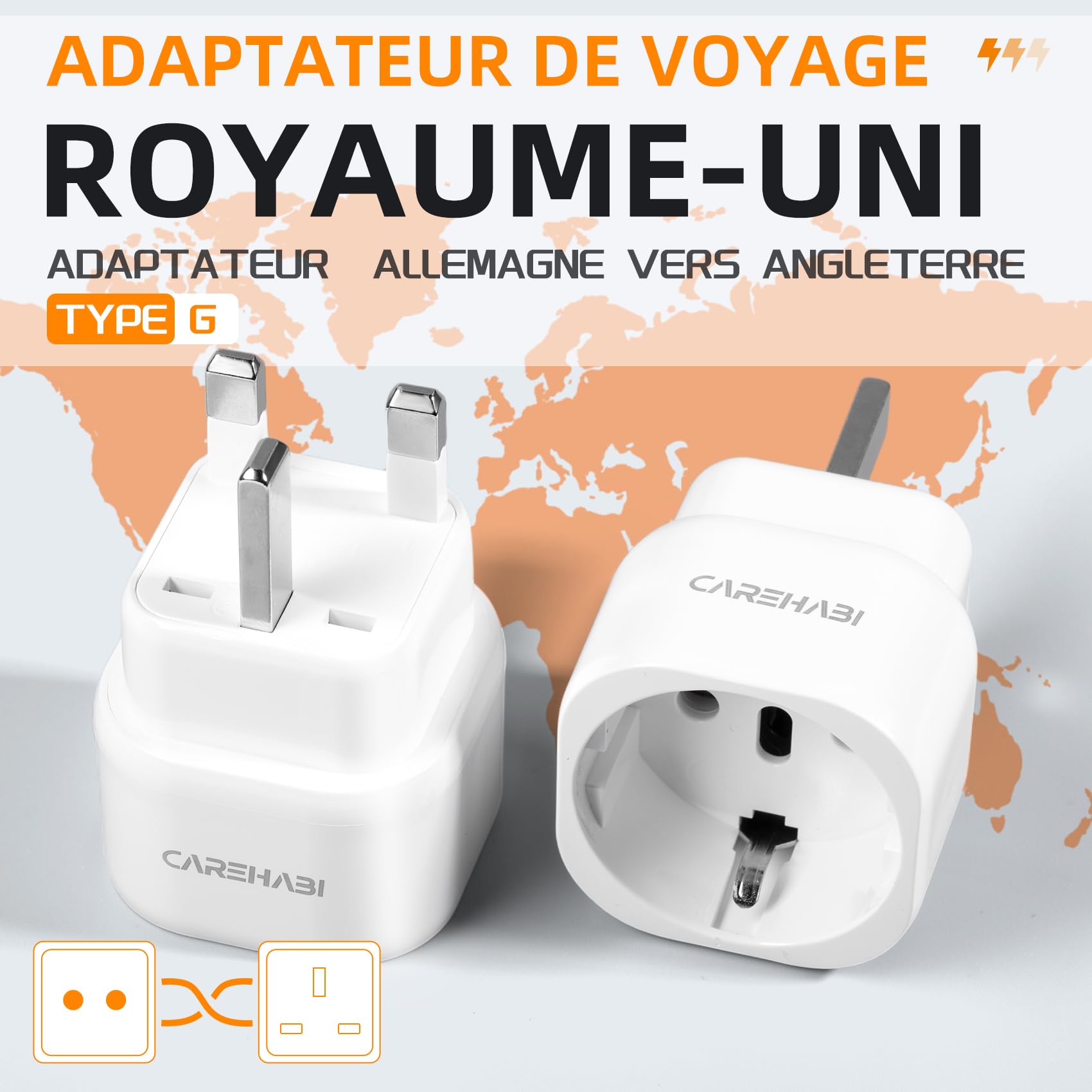 Lot de 2 Adaptateur Prise de Voyage Adaptateur Royaume-Uni France Prise, Adaptateur Type g, Adaptateur de Prise Angleterre pour UE vers Angleterre/Écosse/Irlande/Dubaï/Maldives