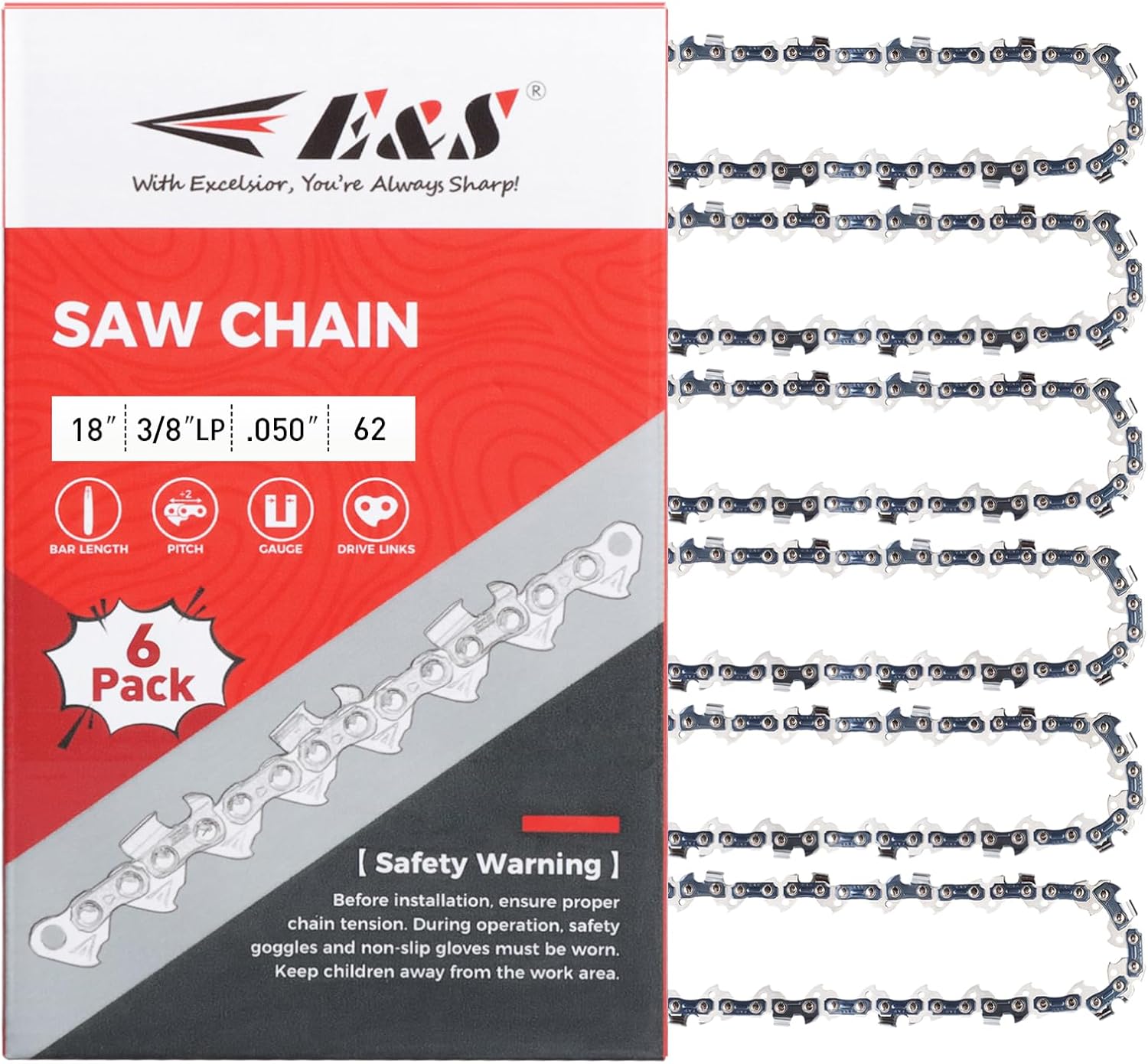 E & S 6 Pack 18 Inch Chainsaw Chain 3/8" LP Pitch .050" Gauge 62 Drive Links Semi-Chisel Chain Saw Chains for Oregon, Stihl, Husqvarna, Poulan, Craftsman, Greenworks and More Chainsaw Brands