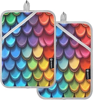 2 Pack Pot Holders, Rainbow Sea Mermaid Scales 7x9.8 inch Heat Resistant Oven Mitts Gloves Hot Pads with Non-Slip Pockets, 170°C Heatproof Potholder Set for Kitchen, BBQ, Microwave, Table Pr