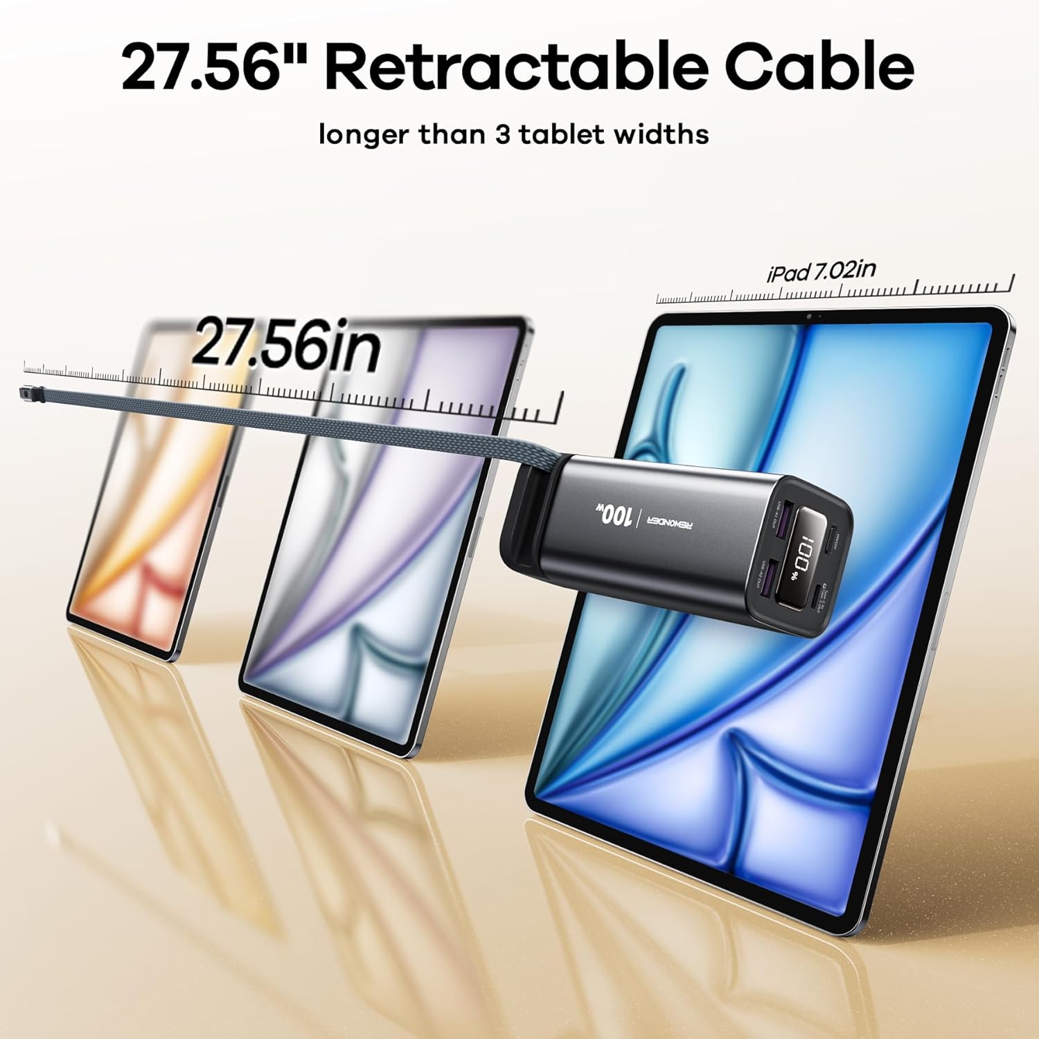 The 27.56-inch retractable USB-C cable extended, shown next to three tablets to demonstrate its length.