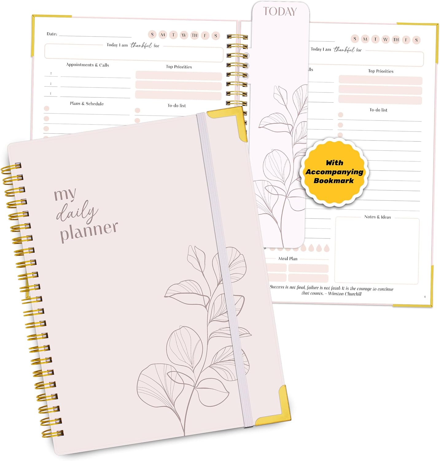 Decorably 60 Sheets Daily Planner Undated with Gold Corners, 6.4×8.5in Aesthetic Spring-Bound Daily Planner To Do List Notebook with Simplified Sections and Inspirational Quotes, Checklist
