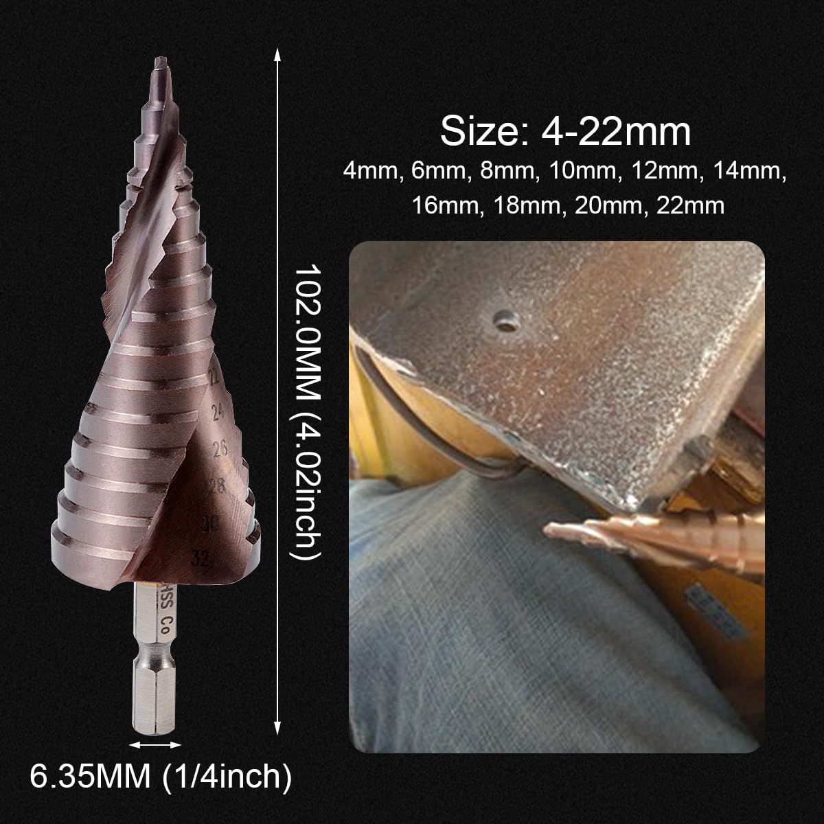 Broca Espiral Escalonada[4-32mm, 15 Pasos], HSS co M35 Recubierto de Titanio, 1/4'' Mango Hexagonal, Perforación de Acero Inoxidable, Metal Duro, Plásticos, Madera, Hierro Fundido, Aluminio