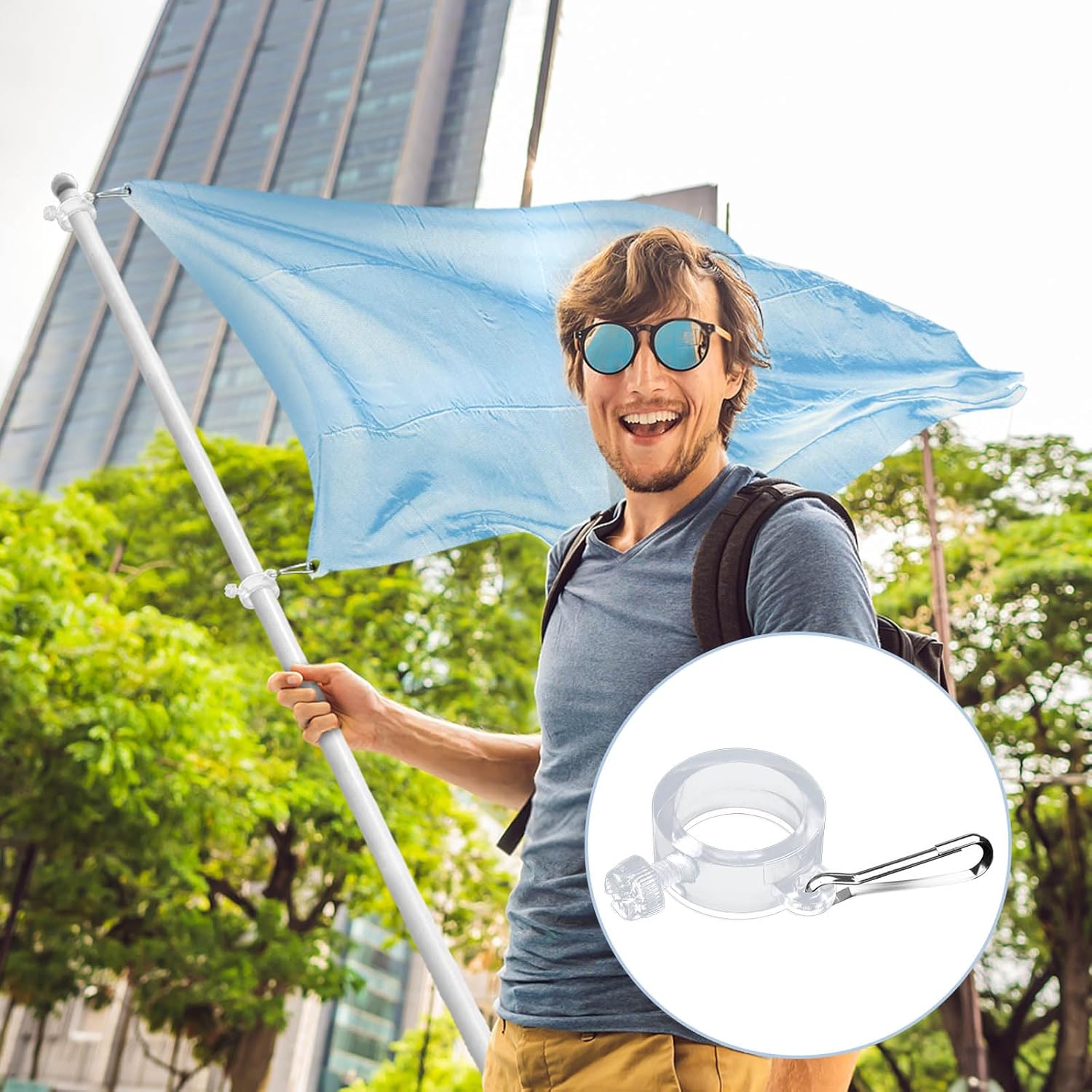 8 Pack Plastic Flag Pole Ring with Hook, Flagpole Mounting Rings Clip with Fixed Hook, Flag Rings for Flagpole for Various Outdoor Team Seasonal Flag (Transparent)