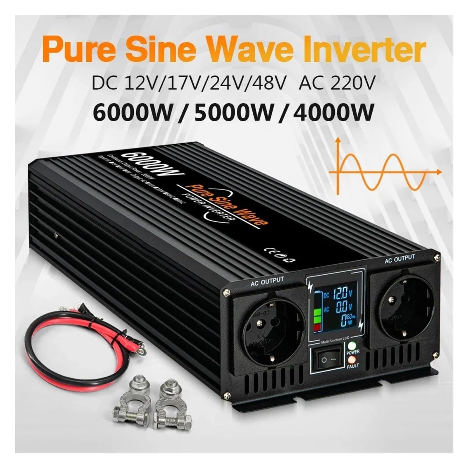 Inversor Corriente Convertidor Voltaje Onda Sinusoidal Pura 4000W 5000W 6000W con Doble Enchufe Europeo Inversor Solar 12V CC 24V Y 48V A 220V CA Transformador(24V,50HZ,6000W (Rated 3000W))
