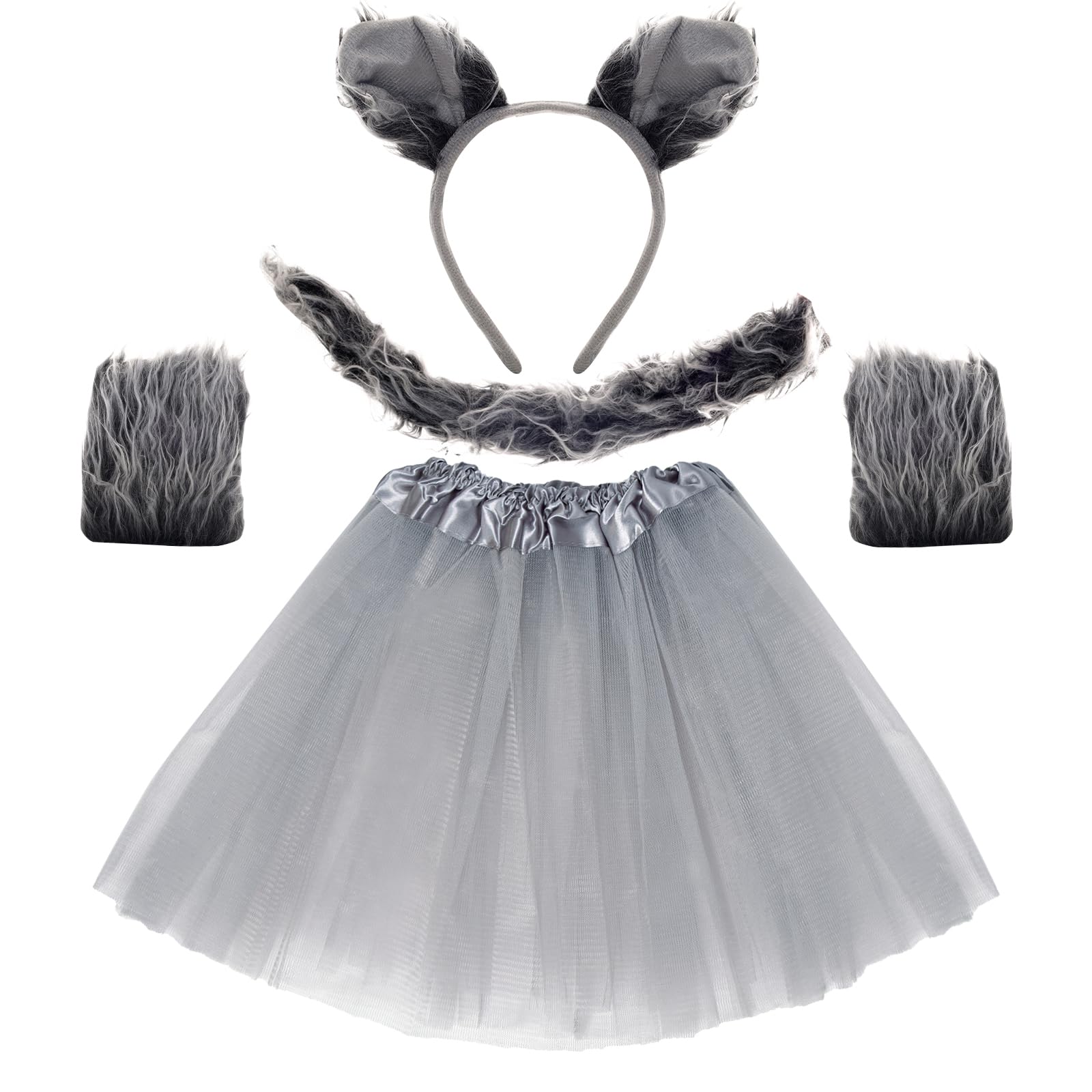 Heliltd4pcs Wolf Costume Set - Ears Headband, Tail, Grey Tutus Skirt, and Gloves for Adult Halloween Cosplay Dress Up Party