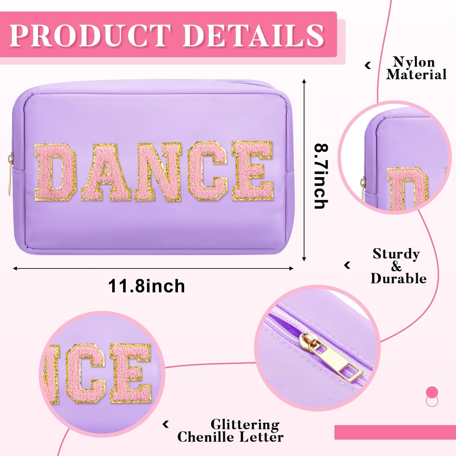 12 Pcs Cosmetic Cheer Bag Bulk with Chenille Letter Patches Gifts Nylon Makeup Bag Portable Toiletry Zipper Pouch for Cheerleader Women Travel Accessories(Novel Colors,Dance)