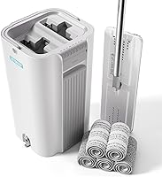 Vista 19 de JOYMOOP Juego de fregona y cubeta con escurridor, juego de fregona y cubeta plana de exprimir blanca para limpieza de pisos, fregonas mojadas