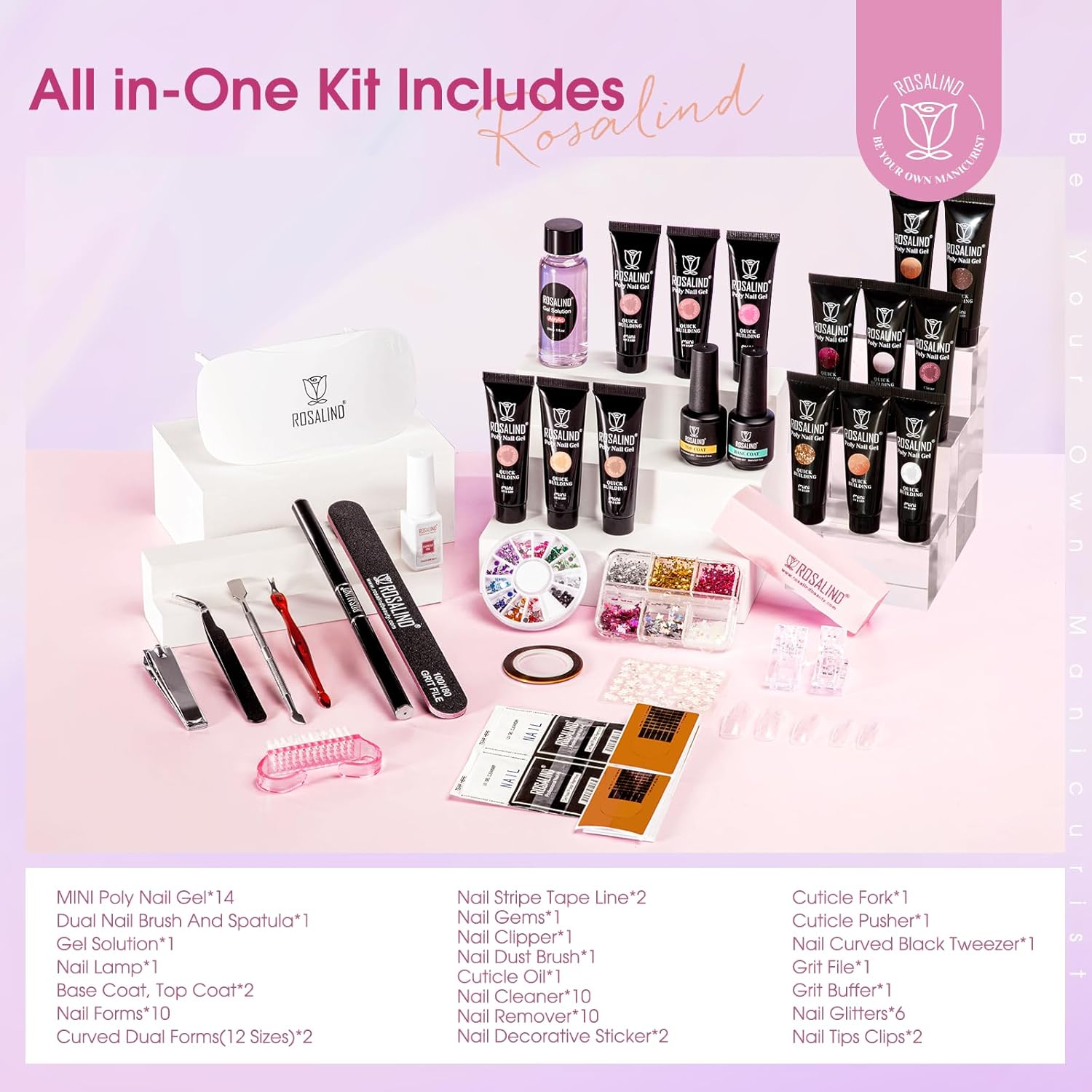 ROSALIND Poly Nail Gel Colors Kit -14 Colors +72 Nail Art Accessories Glitter Poly Nails Gel Kit Starter Kit with Mini UV Lamp Slip Solution Nude Pink Poly Art for Beginners with Everything