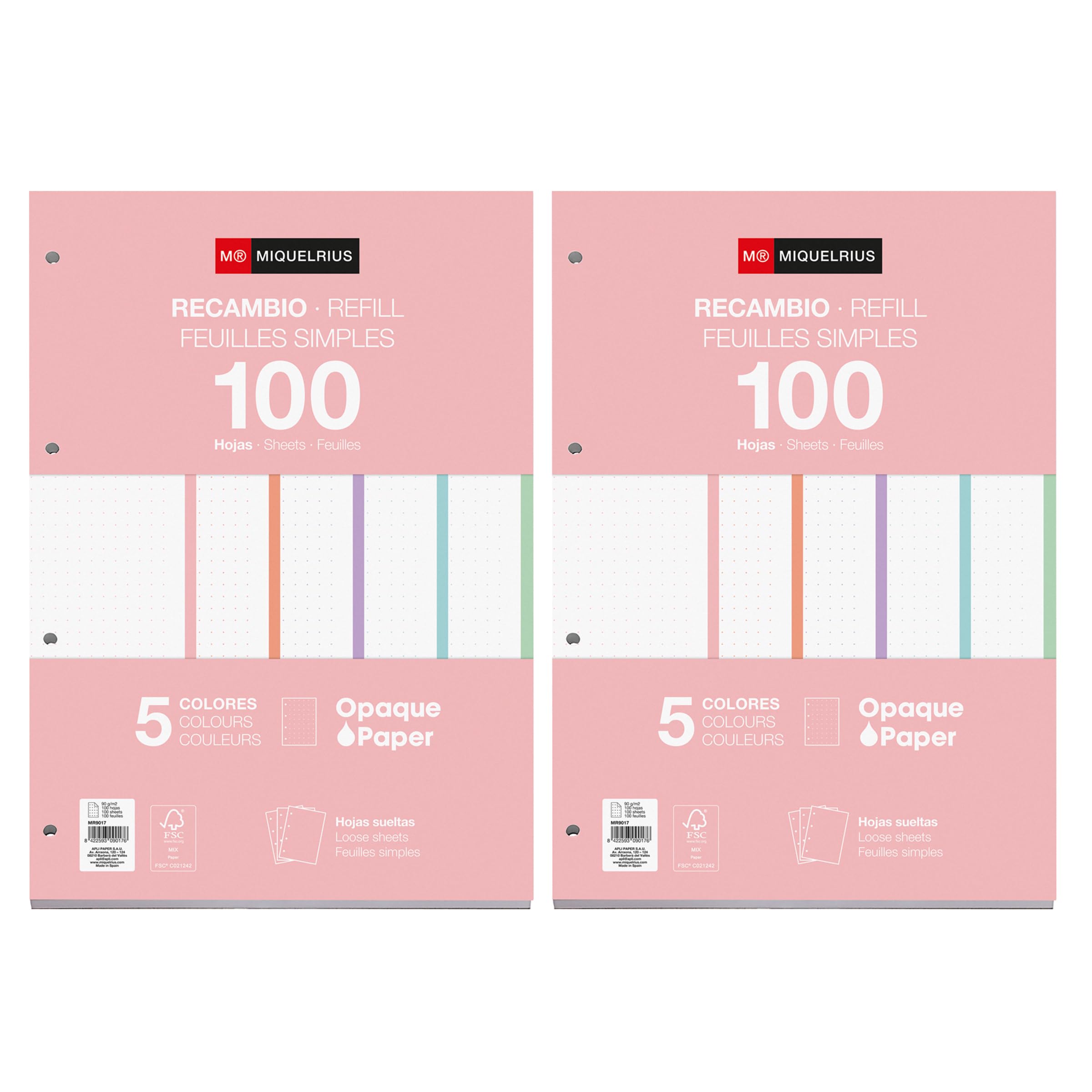 Miquelrius Blok uzupełniający, 200 luźnych kartek w kropki, nieprzezroczysty papier 90 g/m², arkusze uzupełniające A4, perforowane arkusze do segregatorów lub segregatorów, przybory szkolne, 5 kolorów