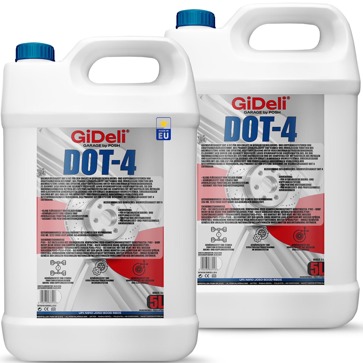 GiDeli Bremsflüssigkeit DOT 4 2 x 5 L - Doppelpack für getrennte Lagerung | für ABS und ESP, auch für Kupplungssysteme, straffer Druckpunkt am Pedal, schont Dichtungen, zweiter bleibt ungeöffnet