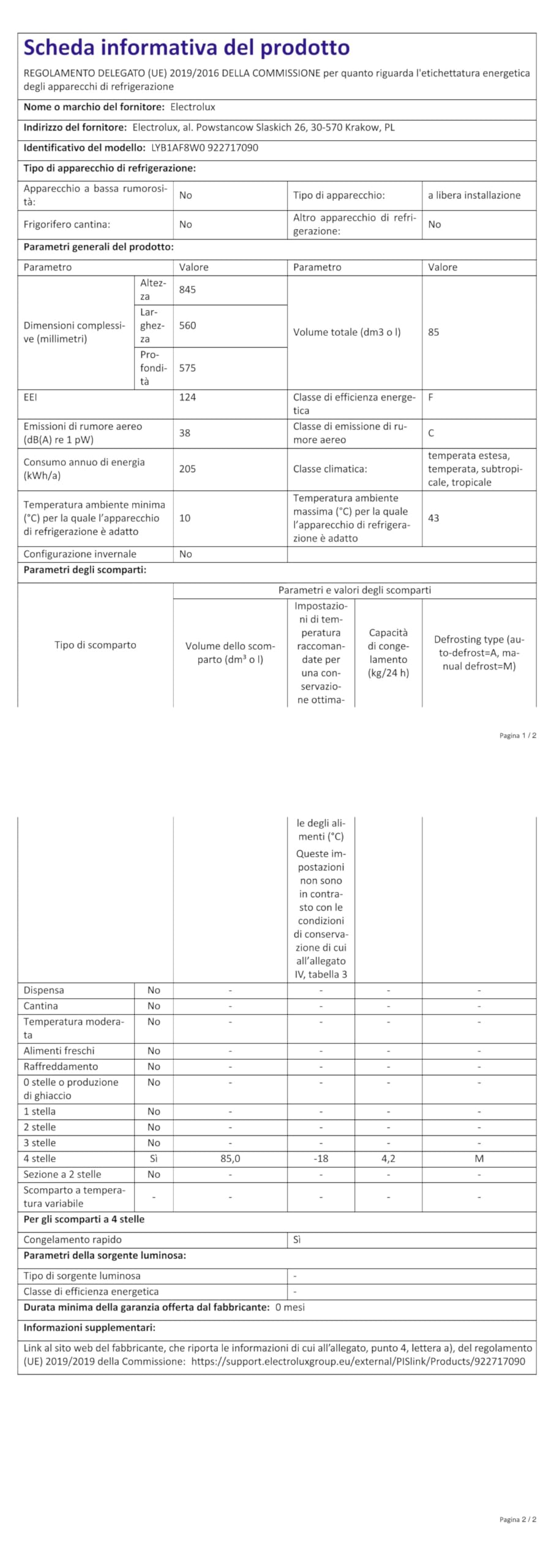 Electrolux LYB1AF8W0 Congelatore Verticale, Altezza 85 cm, Capienza 81 L, Bianco