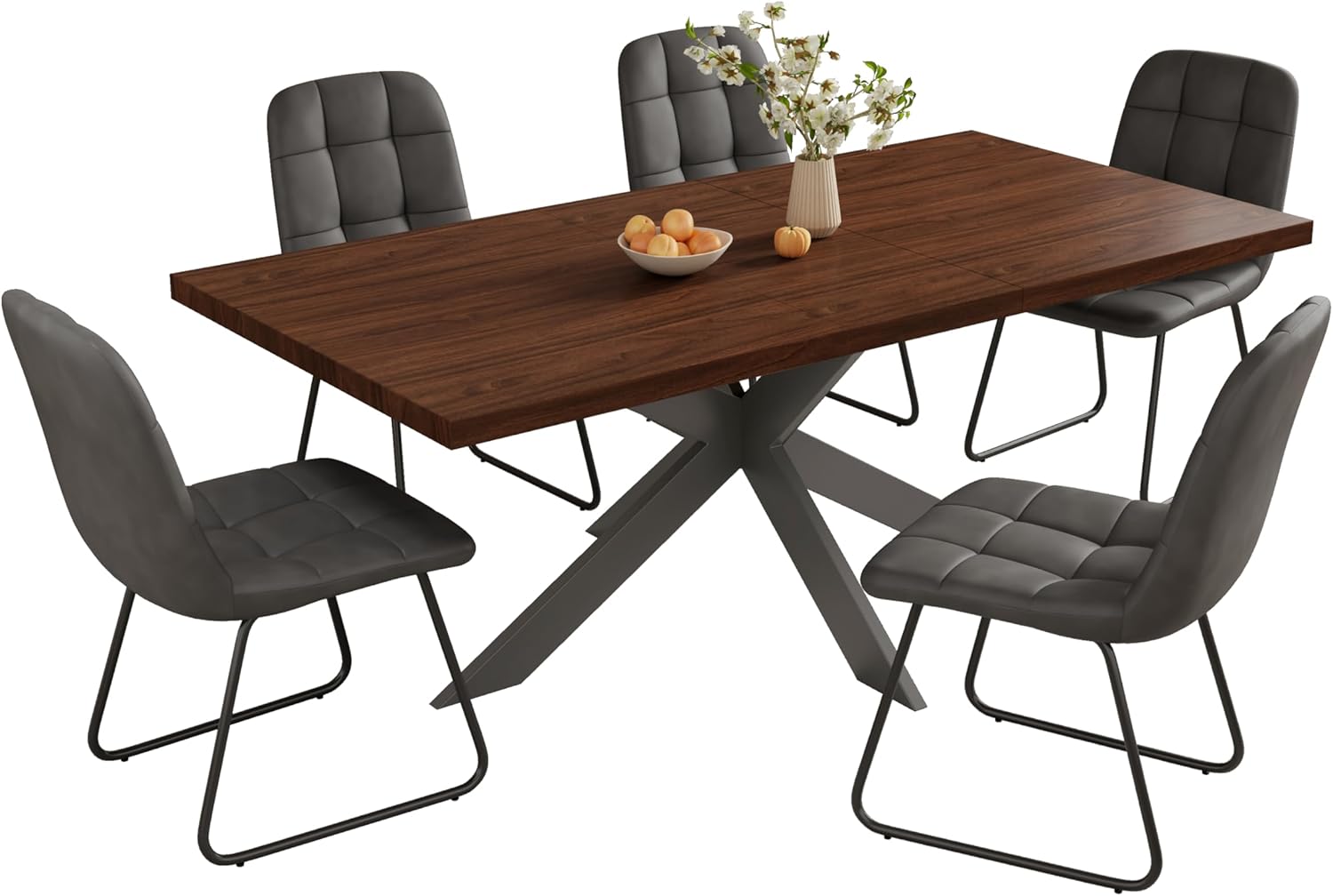 Extendable Dining Table Set for 6–8 People, Modern Walnut Rectangular Dining Table 63"-79" with 6 Leather Chairs, Space-Saving Expandable Kitchen Table Set with Sturdy Metal Frame for Dining Room
