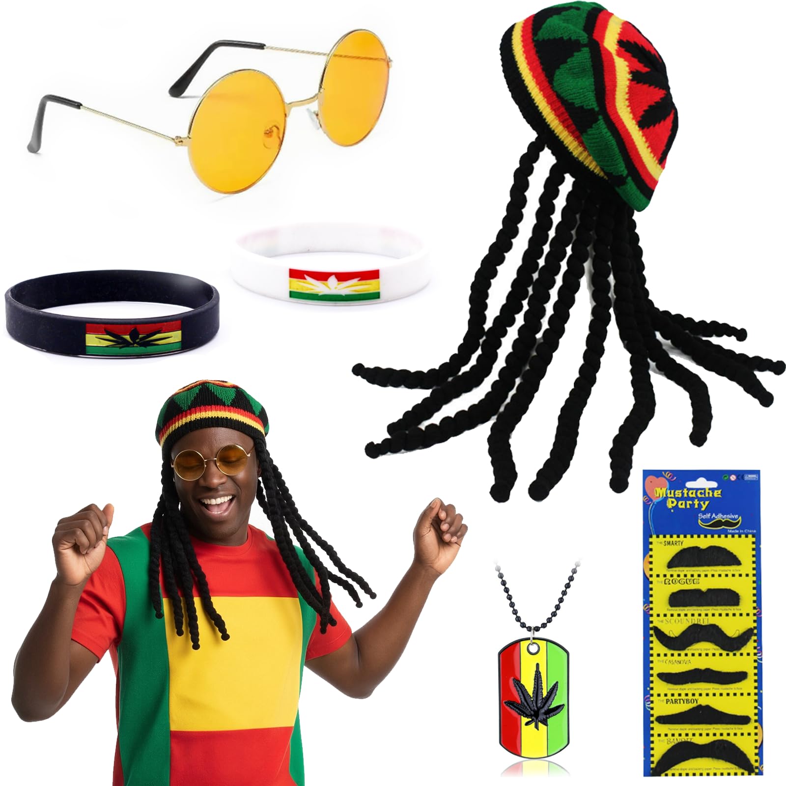 YAEGIMHT 5PCS Rasta Costume Set with Dreadlocks Hat Wig, Retro Glasses, Fake Beard, Necklace and Bracelets, Reggae Fancy Dress Accessories for Halloween Carnival Cosplay Party