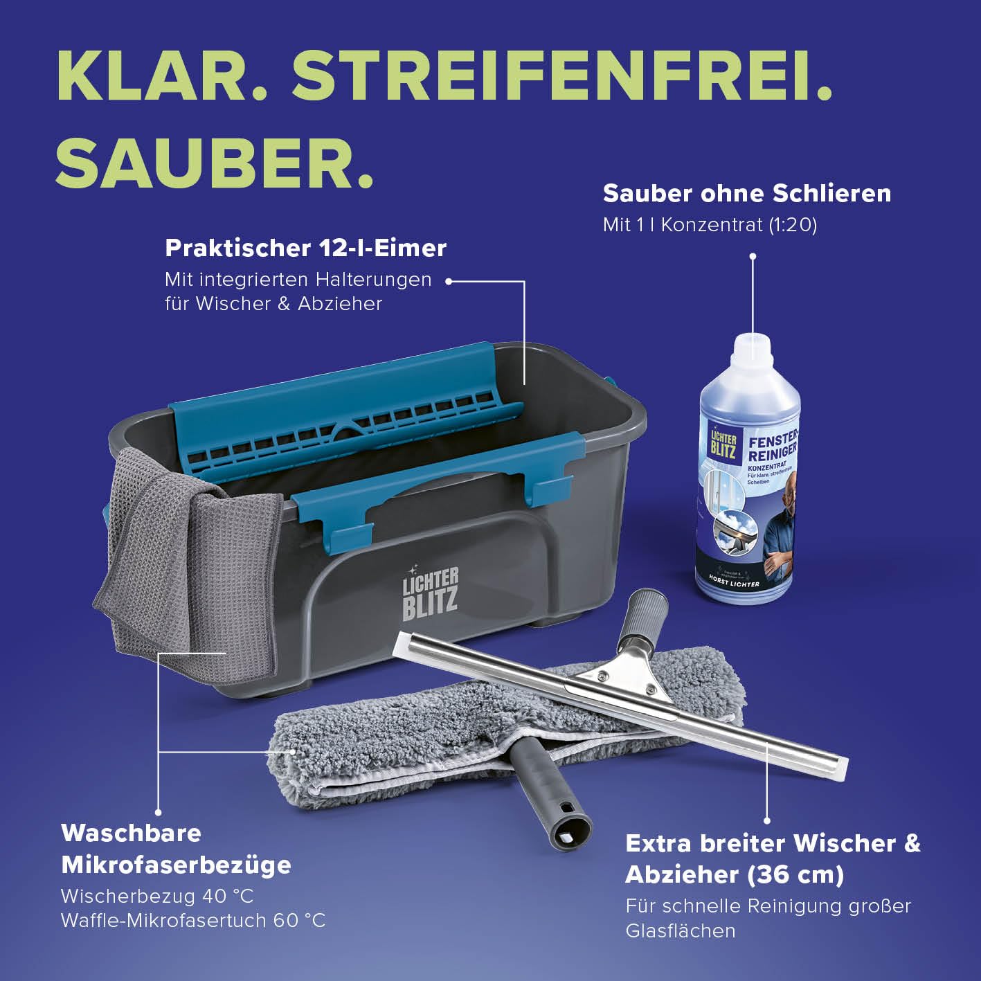 Fensterreiniger Set komplett |Professionell Fenster putzen| Inkl. Fensterabzieher, 12-Liter-Eimer mit Ablage, Abzieher, Wischer, Mikrofastertuch & Reinigungsmittel | für Haus & Auto