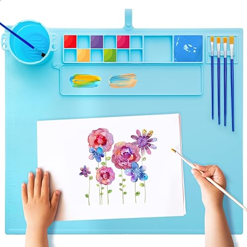 Miniatura 6 de iArtker Tapete de pintura de silicona, tapete de silicona para manualidades de 20 x 16 pulgadas con taza y tapa, tapete de arte de silicona, hoja de
