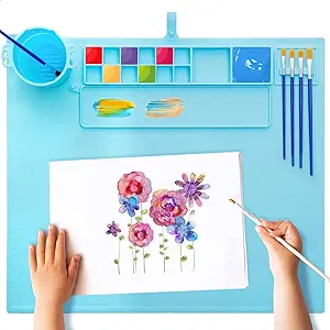 Silicone Painting Mat for Table Protection, 20"x16" Non-Slip Silicone Craft Art Mat with Cup and Lid for Painting, DIY, Resin, Clay, Blue