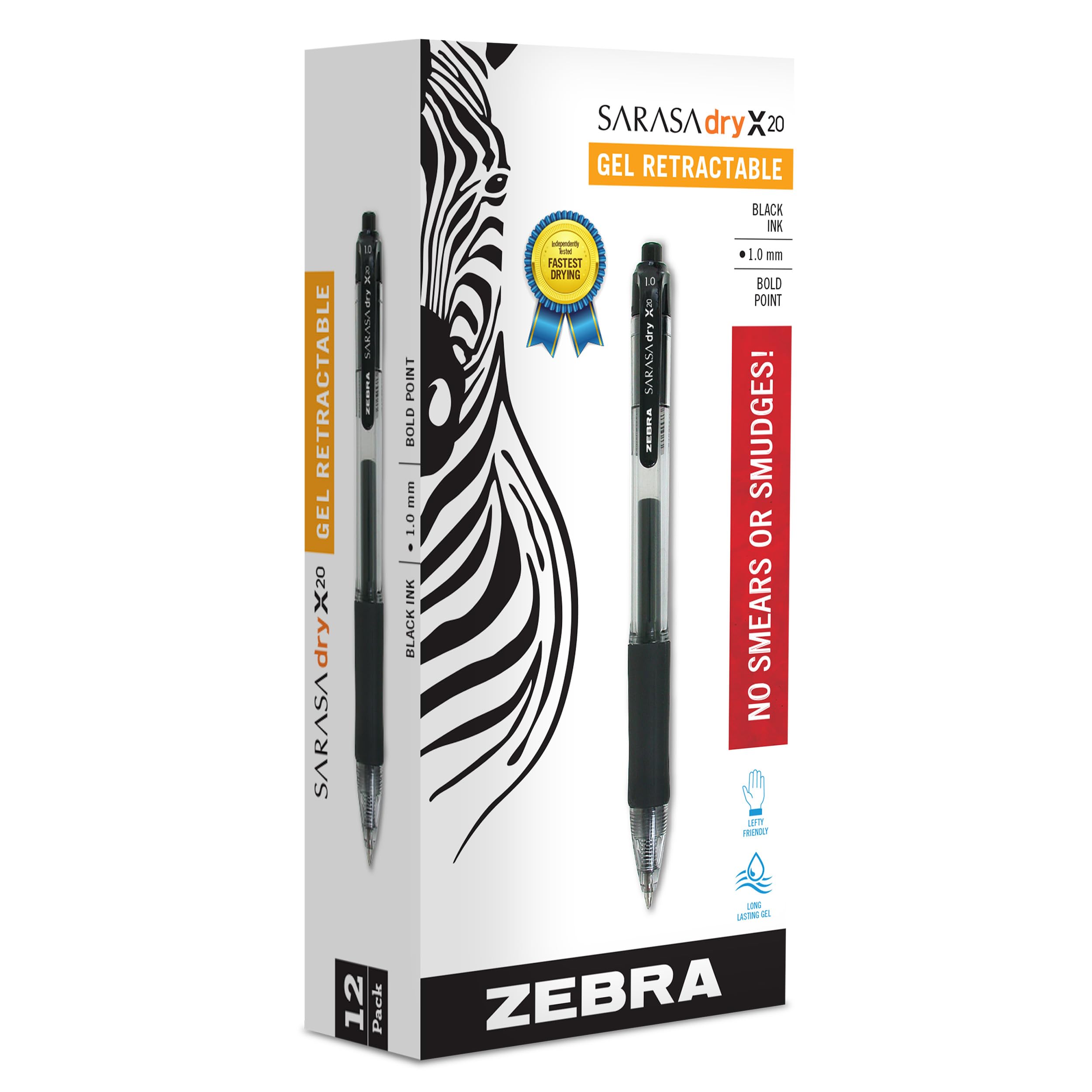 Sarasa Dry X20 Retractable Gel Pens, 1.0mm Bold Point, Black Ink with Rapid Fast Dry Ink Technology, Ideal for the Left Handed, Elimates Smudging and Smearing in Seconds, 12-Pack (46610)