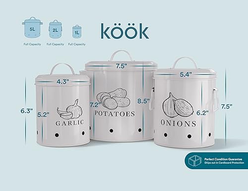Miniatura 10 de KooK Almacenamiento de papas, cebolla y ajo, juego de 3, recipientes de almacenamiento de cocina, contenedores rústicos de granja con agujeros de