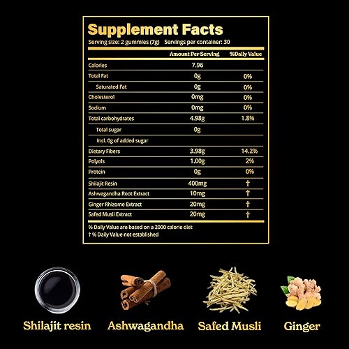 Miniatura 2 de Gomitas Gold+ Shilajit  con Ashwagandha, Musli Safed, resina Shilajit y jengibre  Ayuda a aumentar la energía y mejora la resistencia  Suplemento