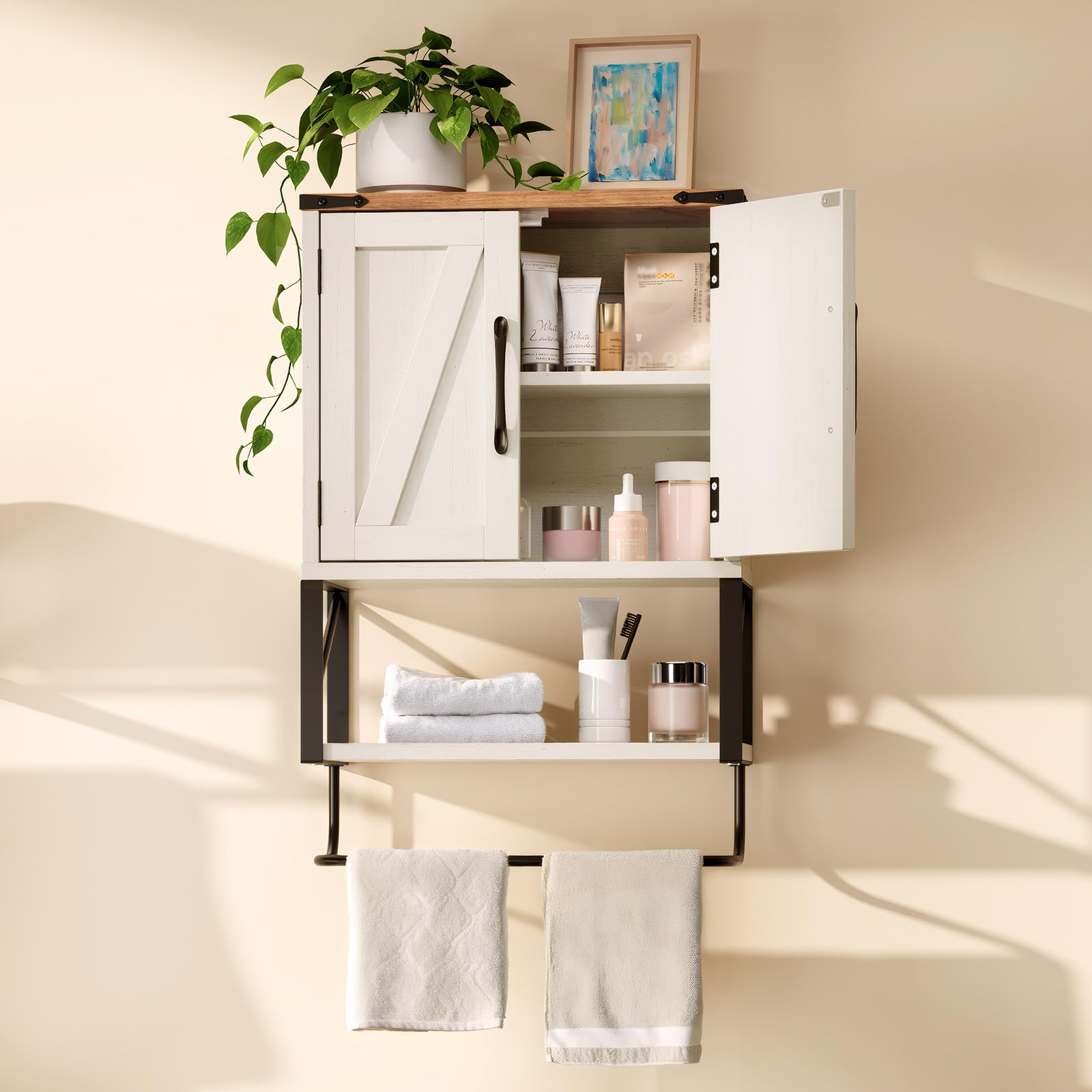 Bonnlo Armoire Mural, Meuble de Rangement Salle de Bain, Meuble WC Suspendu, avec étagère réglable, Double Porte et étagère Ouverte, 58 x 39 x 18 cm, Blanc