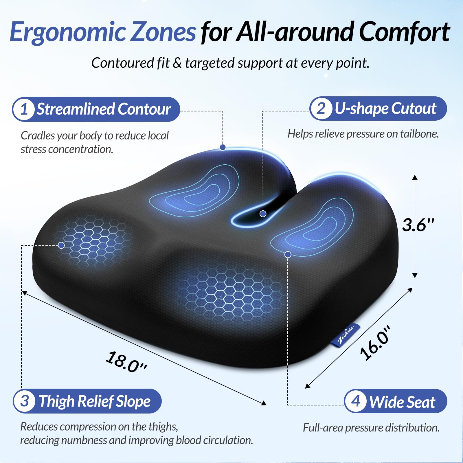 ZIKEE Cojín de asiento ergonómico con pendiente de alivio de muslo, cojines de espuma viscoelástica de alta densidad para silla de oficina con respaldo en forma de U para coxis, alivio del dolor de