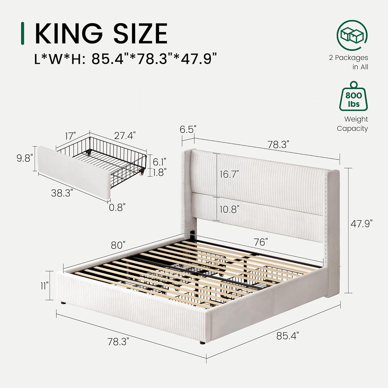 larmace king size bed frame with 4 storage drawers modern white corduroy upholstered platform bed frame with headboard tufted vertical stripe &wooden slats support, no box spring need,easy assembly white king