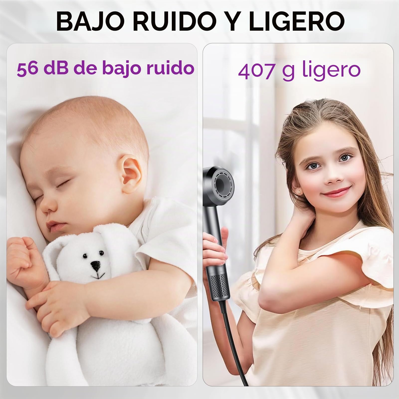 Secador de Pelo, Secador Pelo Profesional Iónico Portátil 160000 RPM, Secado Rápido, 500M Iones, Control de Temperatura, Con Difusor Magnético y Boquilla, 4 Niveles de Temperatura y 3 Velocidades