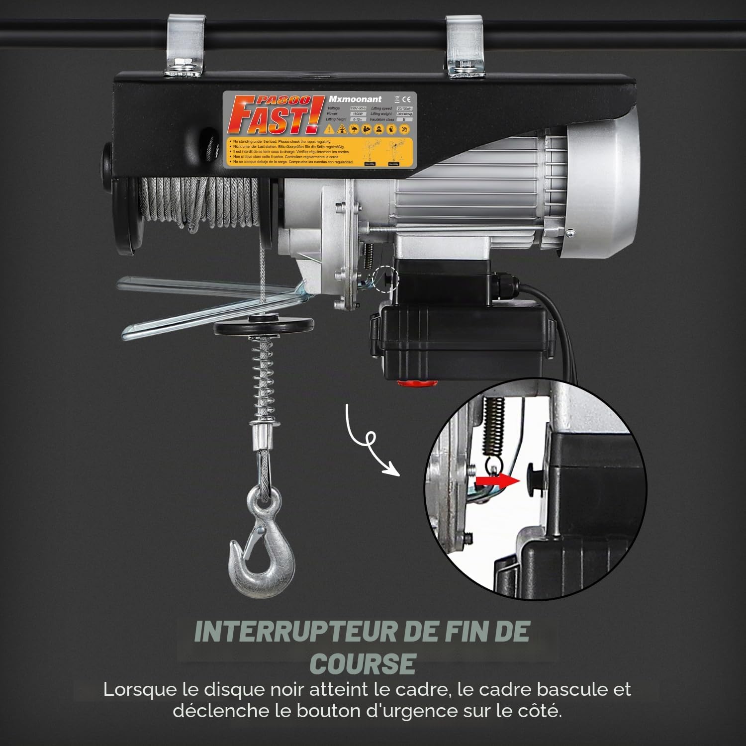 Mxmoonant Palan électrique, 200/400kg, type rapide 10/20m/min, 6/12m | commande sans fil et câblée, 1600W