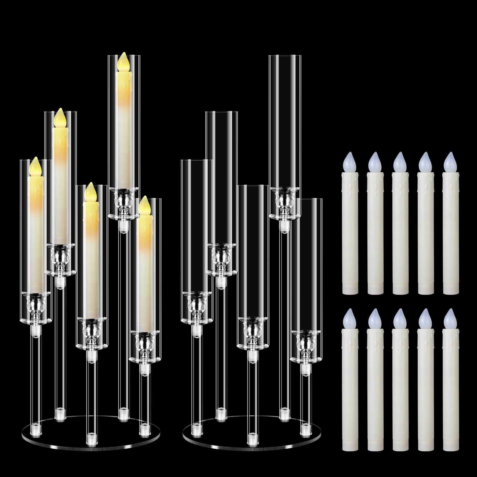 Set di 2 Candelabri con Candele LED, Portacandele 5 Bracci Alti 58 cm, Centrotavola in Acrilico Trasparente per Decorazione Matrimonio Natale, con Base e Paralume