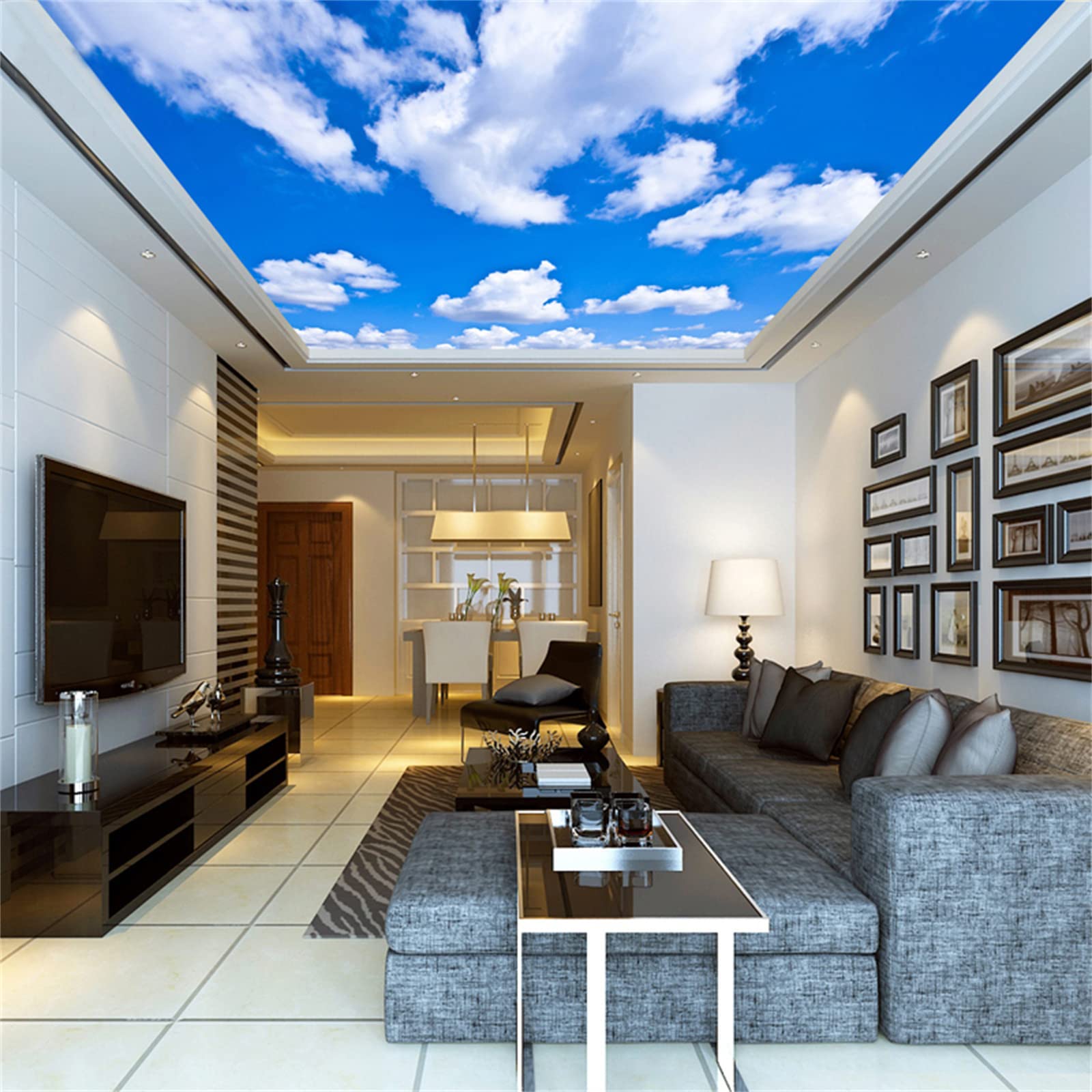 Amazon | 3D新鮮な青い空と白い雲の天井壁の壁画の壁紙、幼稚園の寝室