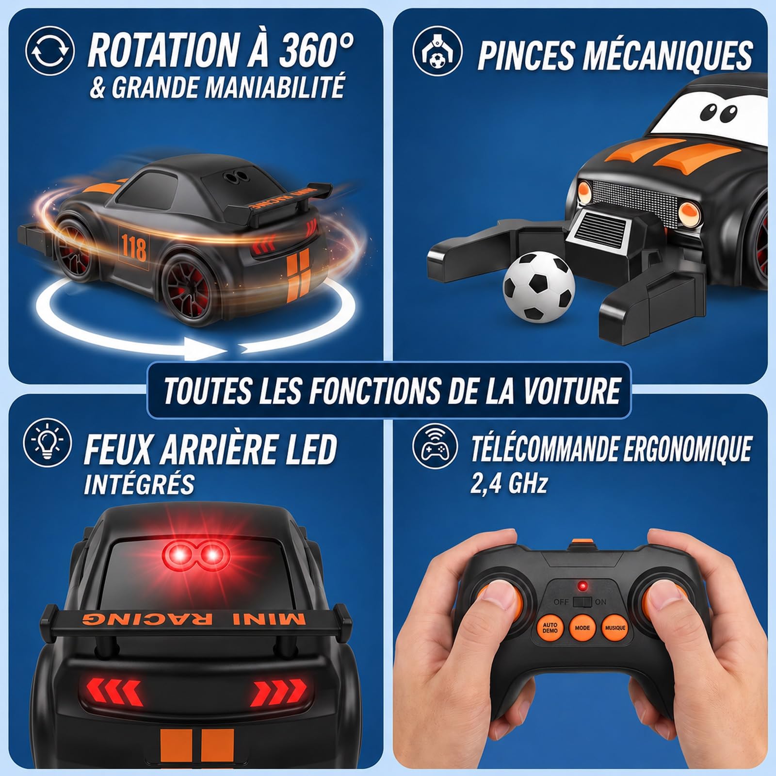 GizmoVine Voiture Télécommandée Enfant, Set Football RC 2 Joueurs avec Arène, 2 Voitures 4 Roues Motrices 2,4 GHz, Dérapage 360°, LED et Musique