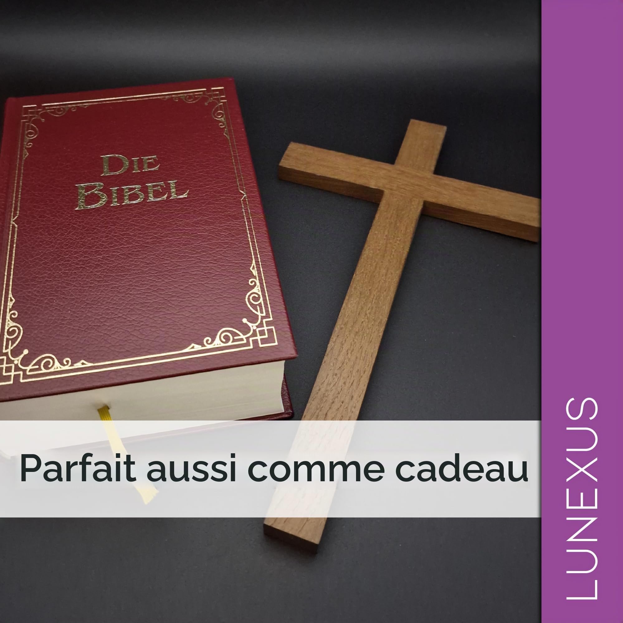 Lunexus Croix murale en bois de hêtre - 30 cm - Béni - Fabriquée à la main - Croix murale en bois à suspendre - Décoration pour autel de maison - Cadeau de communion, baptême, confirmation religieuse