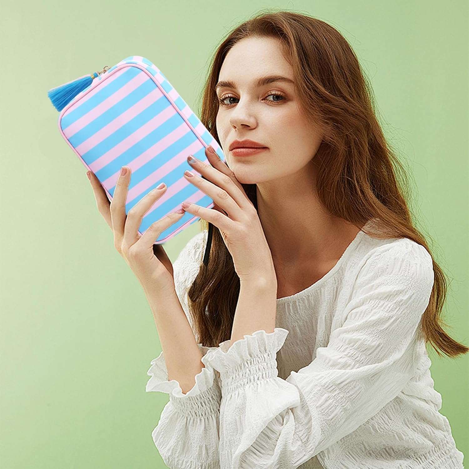 Makeup Bag Travel Cosmetic Bag Organizer Tassel Toiletry Bag Large Canvas Zipper Pouch Mahjong Tile Bag thumbnail