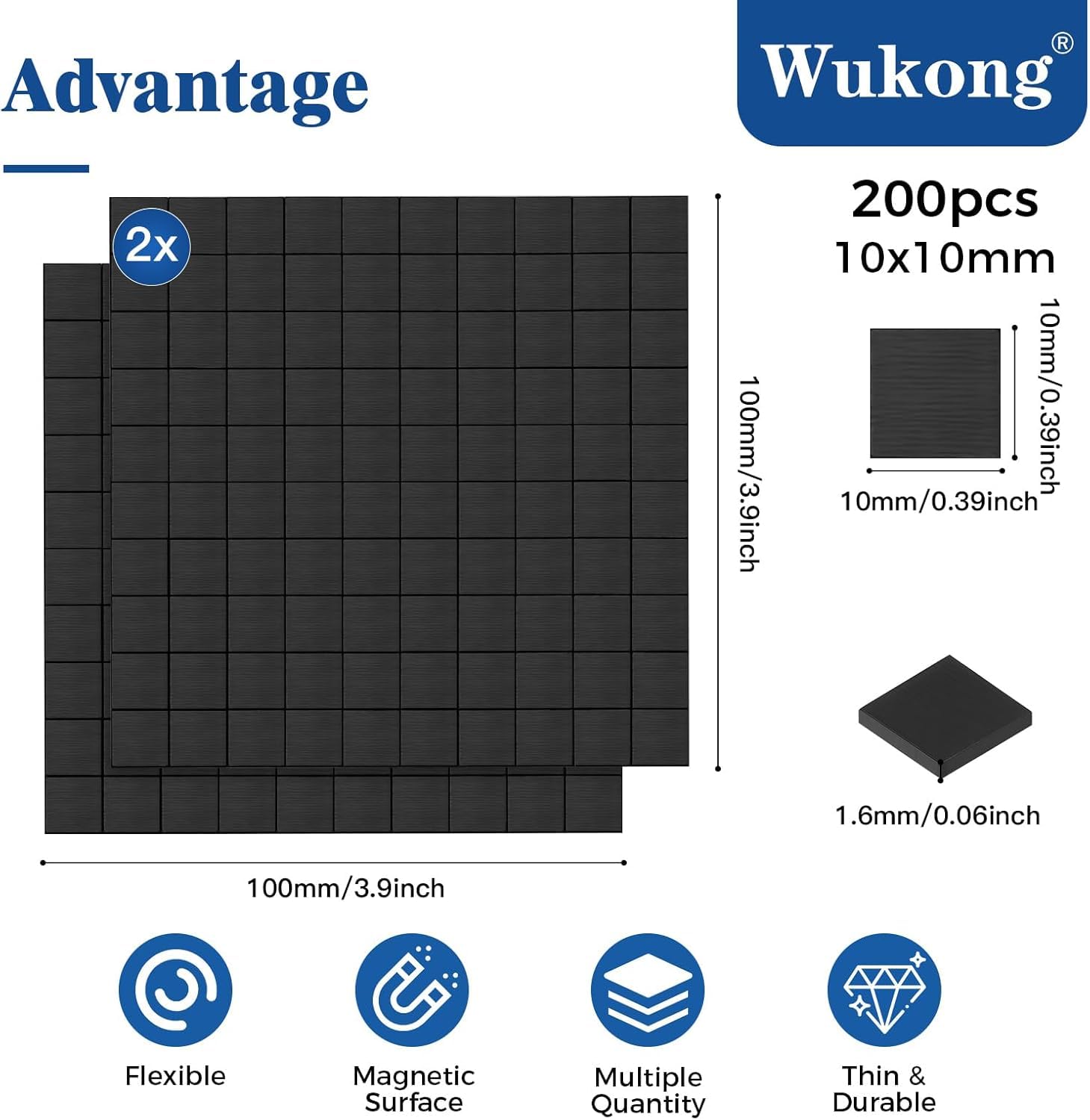 Wukong Samoprzylepne płytki magnetyczne, 10 x 10 mm, 200 sztuk z klejem 3M, magnesy samoprzylepne, płaskie magnesy, elastyczna folia magnetyczna samoprzylepna do zdjęć i innych
