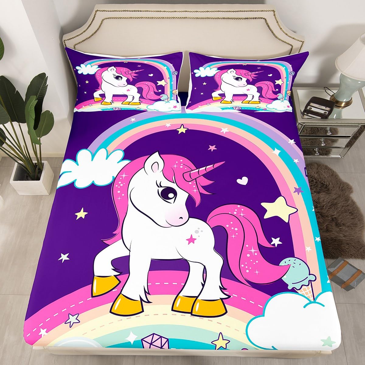 Juego de sábanas de Unicornio para niñas, Lindo Juego de sábanas de Unicornio con diseño de Caballo de ensueño con Bolsillo Profundo para niños y niñas, Juego de Ropa de Cama de Unicornio mágico Tama