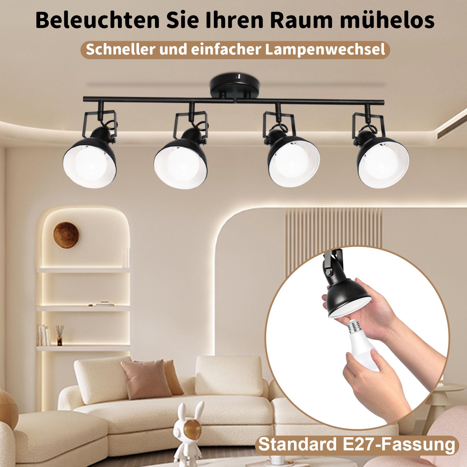 HiBay Reflektor sufitowy LED, 4 żarówki, E27, lampa sufitowa do sypialni, vintage, czarno-biała, do salonu, wychylna, maks. 60 W, bez źródła światła