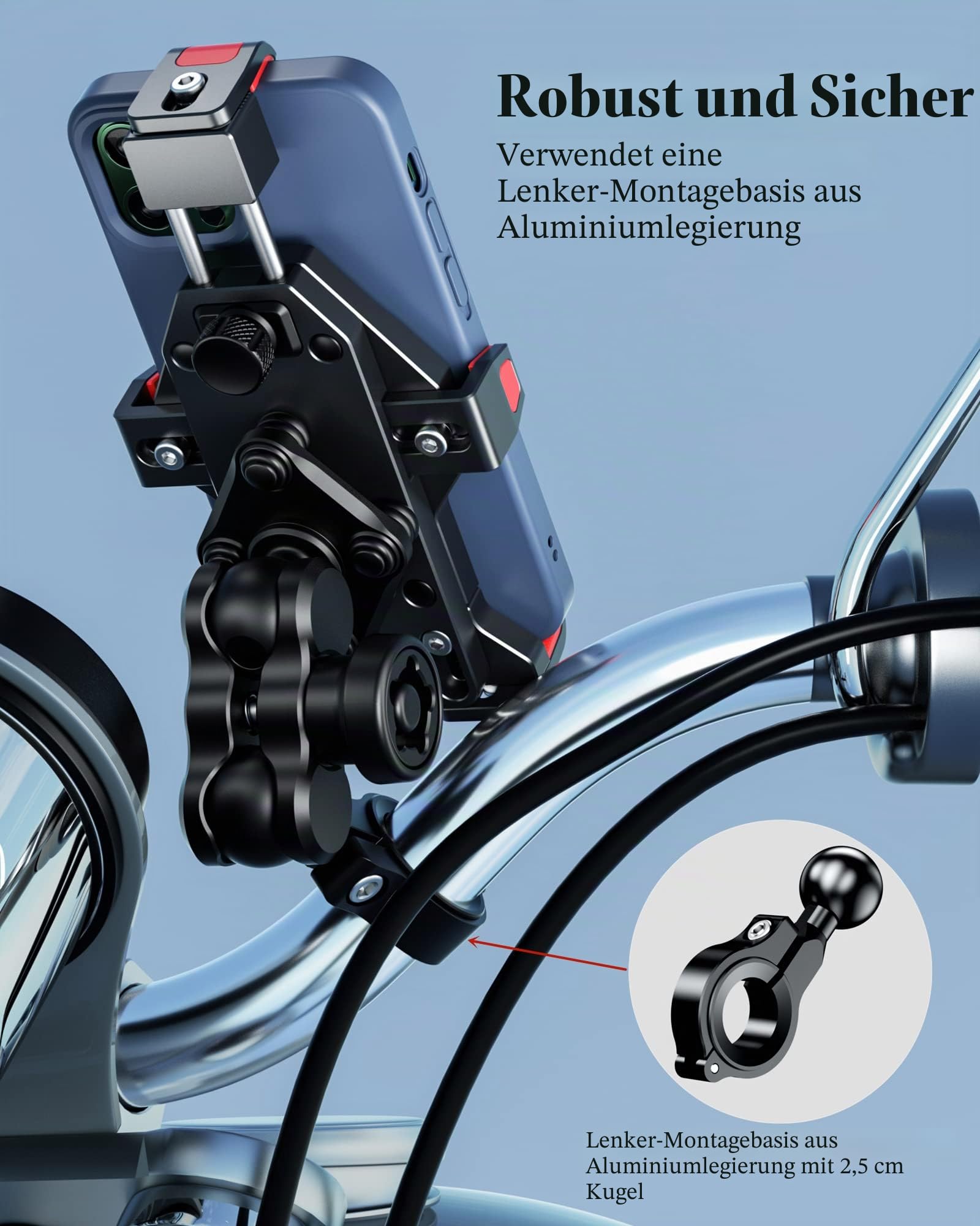 BRCOVAN Aluminiumlegierung Motorrad Handyhalterung mit Vibrationsdämpfer, Diebstahlsichere Handy Motorradhalterung, Verstellbar Lenker Handyhalter für Fahrrad, Roller, ATV, für 4,7-7,2 Zoll Smartphone