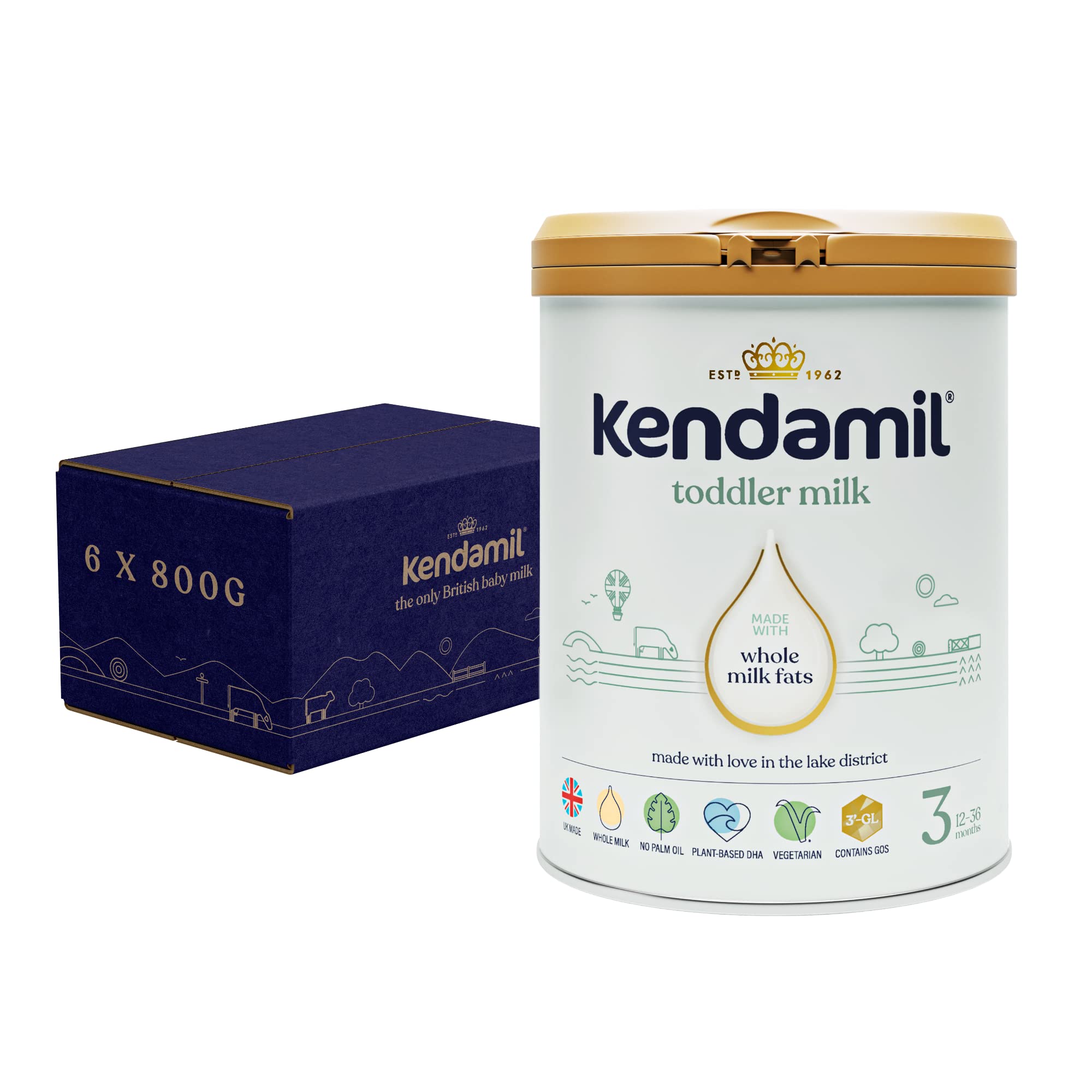 (6x800g) Kendamil Toddler Milk, Stage 3, 6-Pack – British Made, Whole Milk Formula, 12-36 Months – Vegetarian, No Palm Oil, No GMOs –with Omega 3 DHA, Omega 6 ARA and Prebiotics