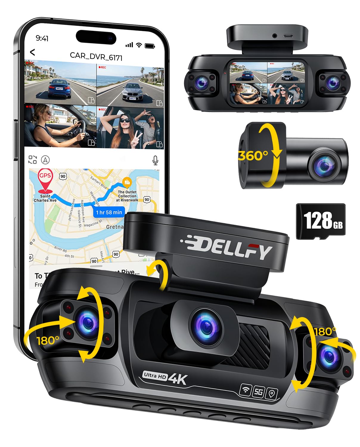 4 Channel Dash Cam, 4K Front & 3 * 1080P Rear/Left/Right, 360° Full View Dashcams for Cars, Built-in GPS & 5G WiFi APP, 24H Parking Mode, 8 IR Night Vision, G-Sensor, 128GB Card Included - 1