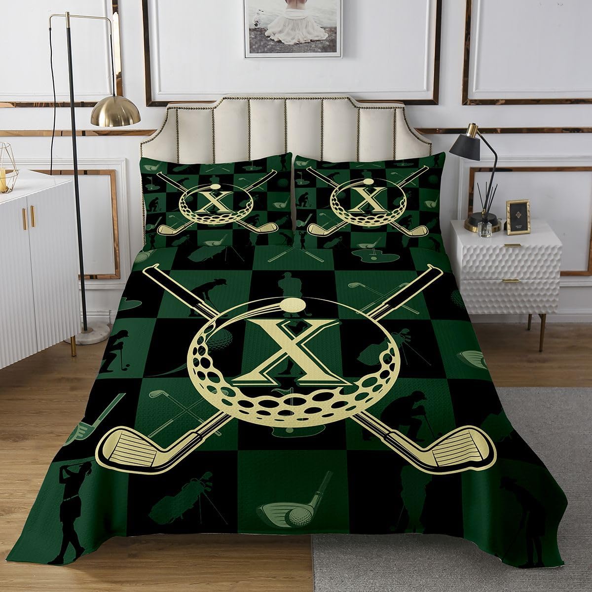 Erosebridal Personalized Initial X Coverlet Set Queen Ball Game Alphabet Letter Bedspread Sports Black Green Patchwork Room Decor Quilt Set for Kids Adults,Monogrammed Golf Club Bedding Quilted