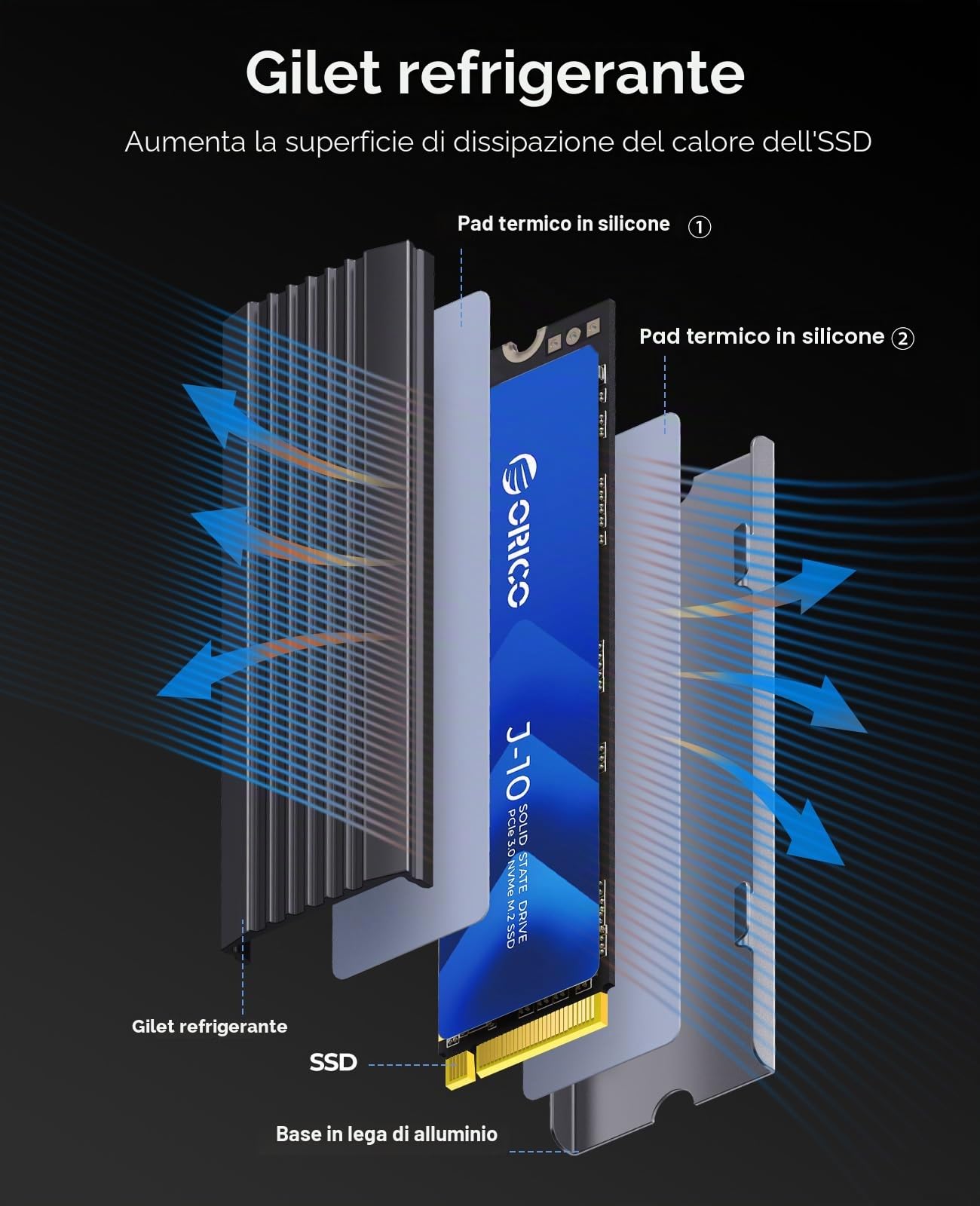 ORICO 512G NVMe SSD PCIe Gen3.0x4 2280, 3D NAND M.2 SSD (con Dissipatore di Calore), Velocità fino a 3100 Mo/s, Unità a Stato Solido Interne per Studenti/Creativi di Contenuti- J10