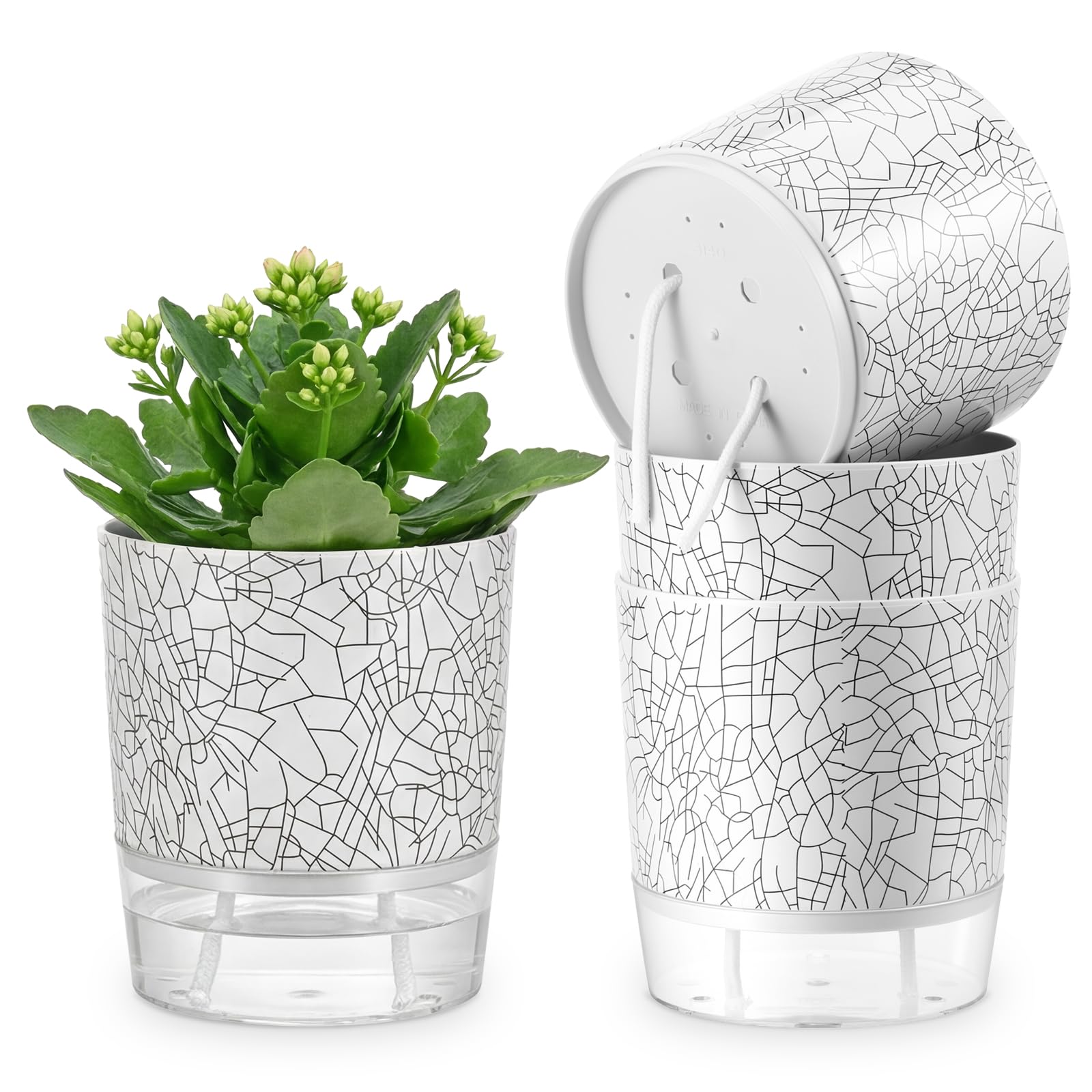 Yimomoyi 4Pack Self Watering Plant Pots Indoor, 14CM House Plant Pot, White Plant Pots Indoor, Self Watering Pots Plastic Flowerpots with with Drainage Holes and Detachable Reservoir (B)